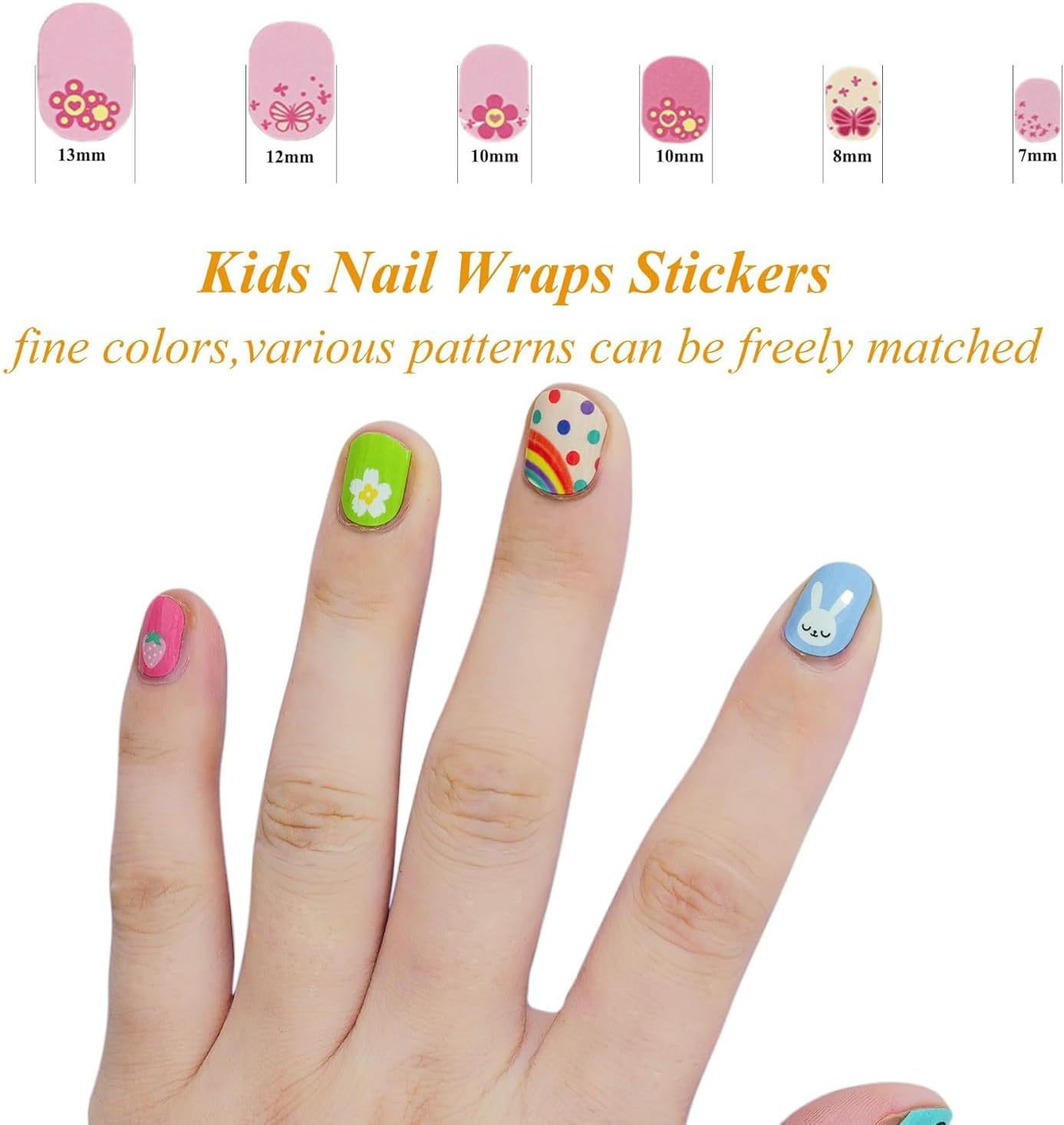 PQCLXUYA 10 Pcs Colorful Kid Nail Stickers Full Nail Wraps for Kids Girls 3D Self Adhesive Nail Strips Including Rainbow Cat Rabbit Flower Strawberry Heart Sun with 2Pcs Nail Files for Age 8 and Older image number 3