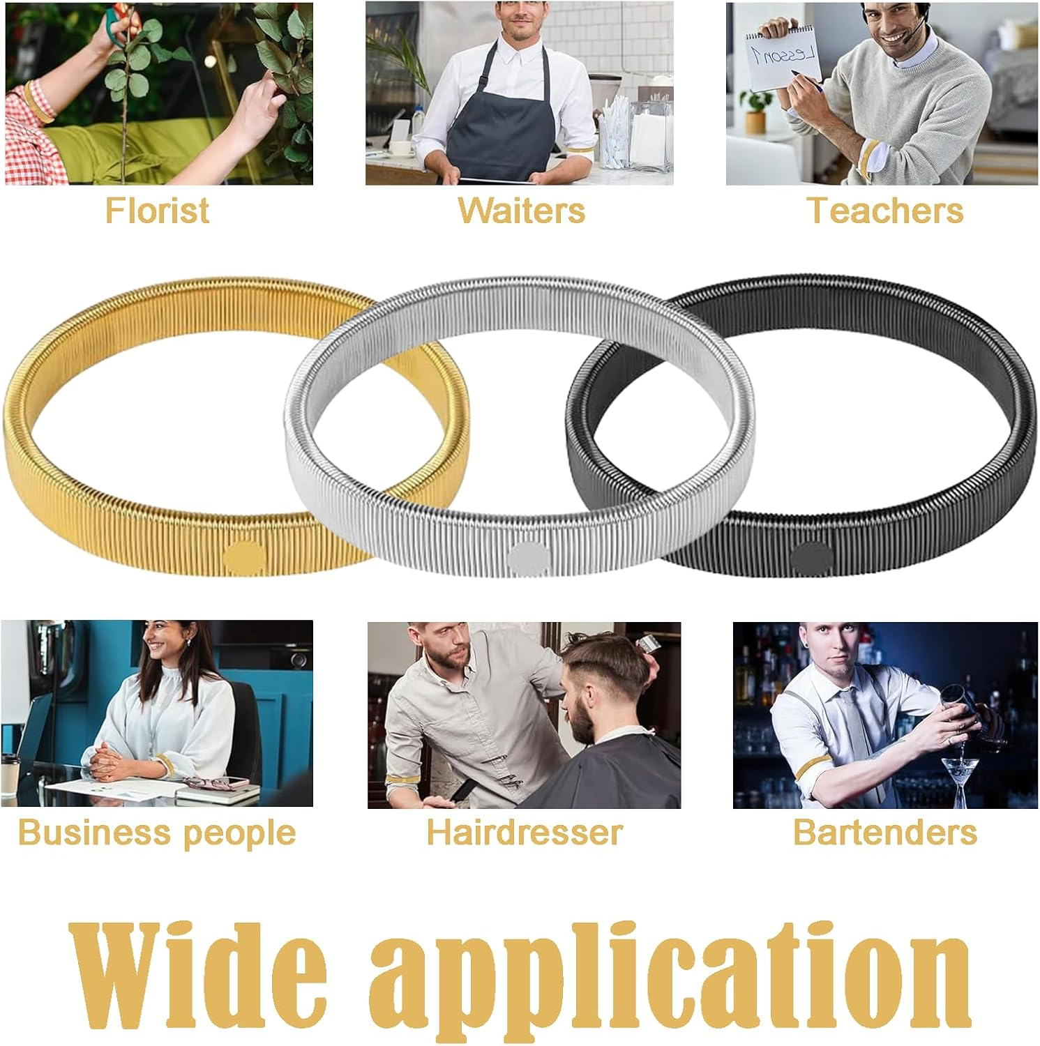 6PCS Anti-Slip Arm Cuff & Sleeve Garters for Women and Men, Arm Bands for Sleeves in Black, Silver and Gold image number 2