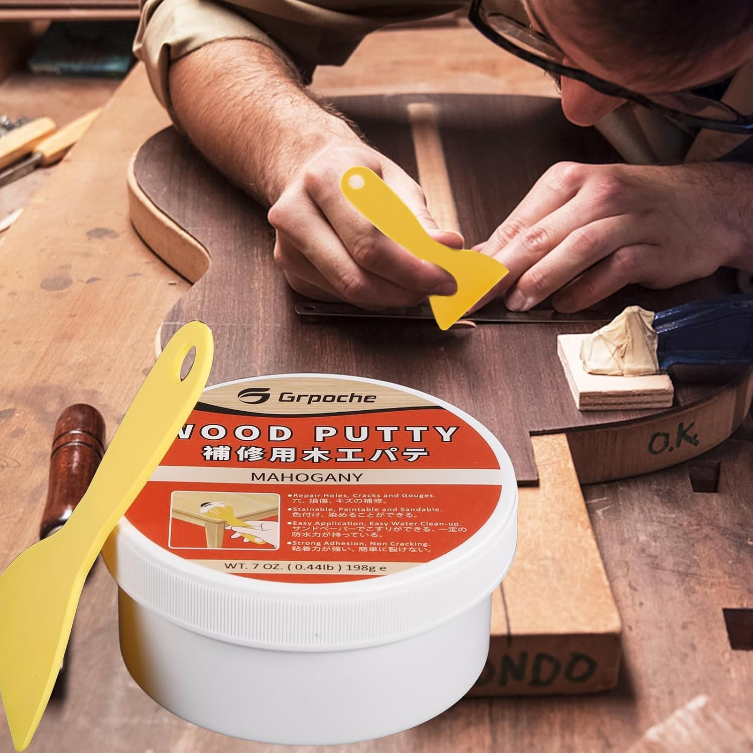 Wood Filler 200G Putty - Water-Based, Paintable, Stainable Premium Repair Kit for Door Trim, Table, Cabinet, Floors (Mahogany) image number 3