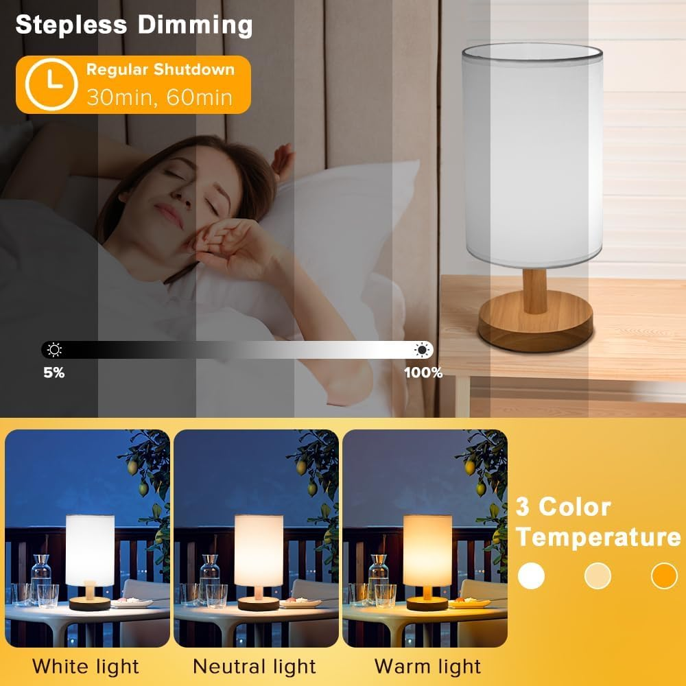 Necomi Bedside Table Lamp, LED Bedrooms Lamps with Remote Control, Dimmable & 3 Color Temperature, USB Power Minimalist Solid Wood round Base with Fabric Shade for Living Room, Kids Room, Office image number 3