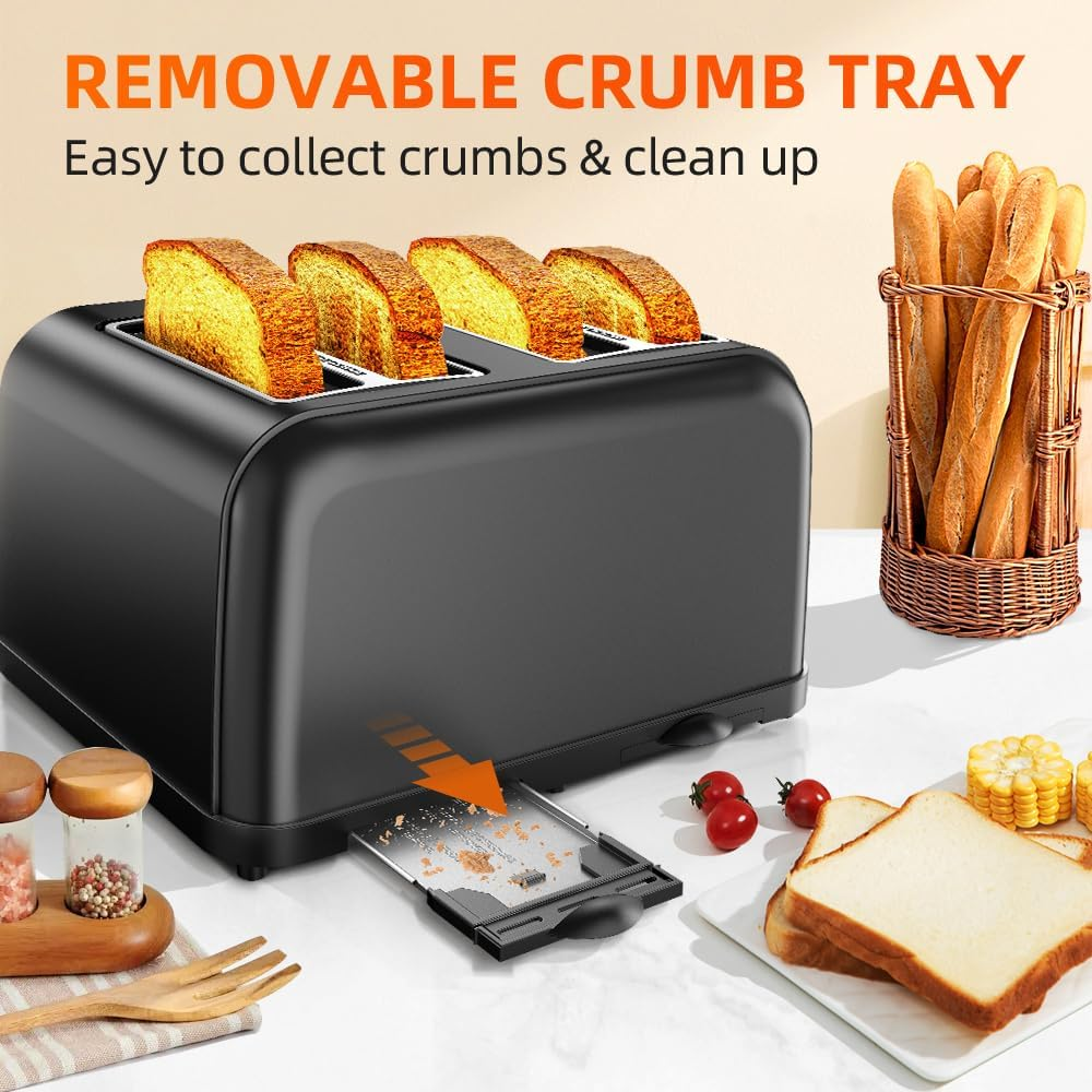 Toaster 4 Slice, Dual Independent Controls, Extra Wide Slot Toasters for Bagel, Bread, Waffles, 7 Shade Settings, 4 Main Functions, Removable Crumb Tray, 1500 Watts, Black image number 6