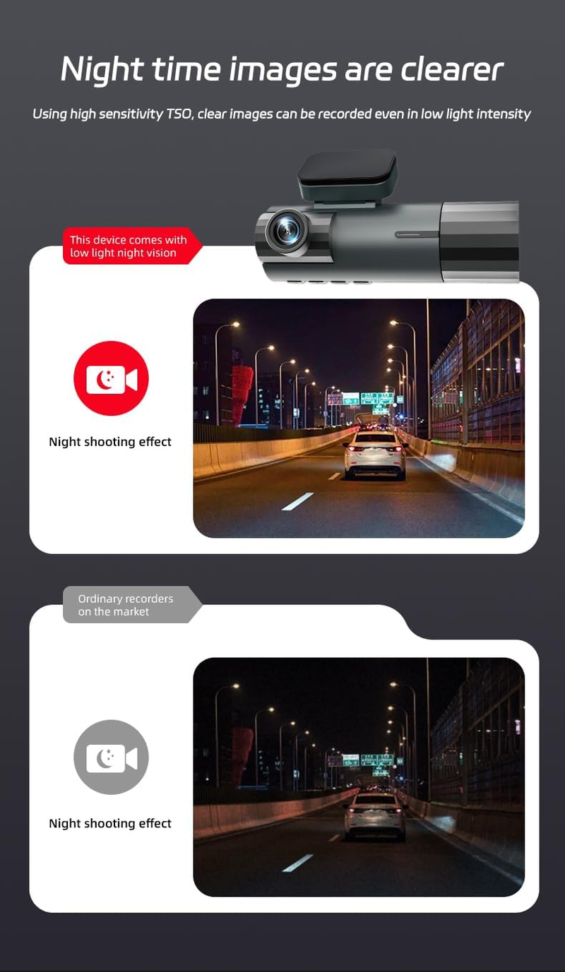 3 Channel Dash Cam Front and Rear inside for Cars, Full UHD Car Camera Front Rear with 32GB Card, Car Camera with IR Night Vision, 170&deg;Wide Angle, G-Sensor, 24H Recording, Loop Recording image number 2