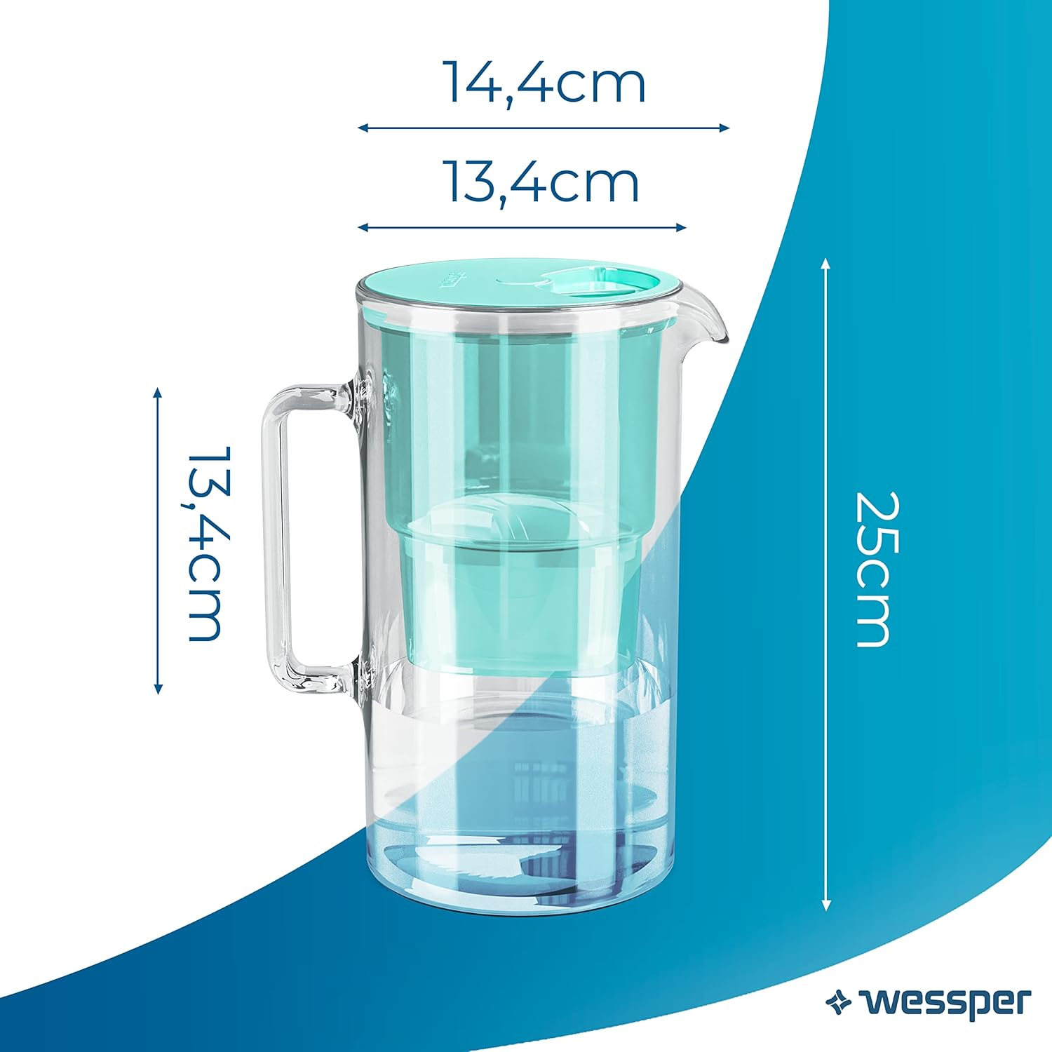 Wessper Glass Filter Jug with Two Filters for Carafes, Compatible with Brita Maxtra, Brita Maxtra+, Large Capacity 3L, Carafe Kit + 2 Cartridges- Mint - Black image number 6