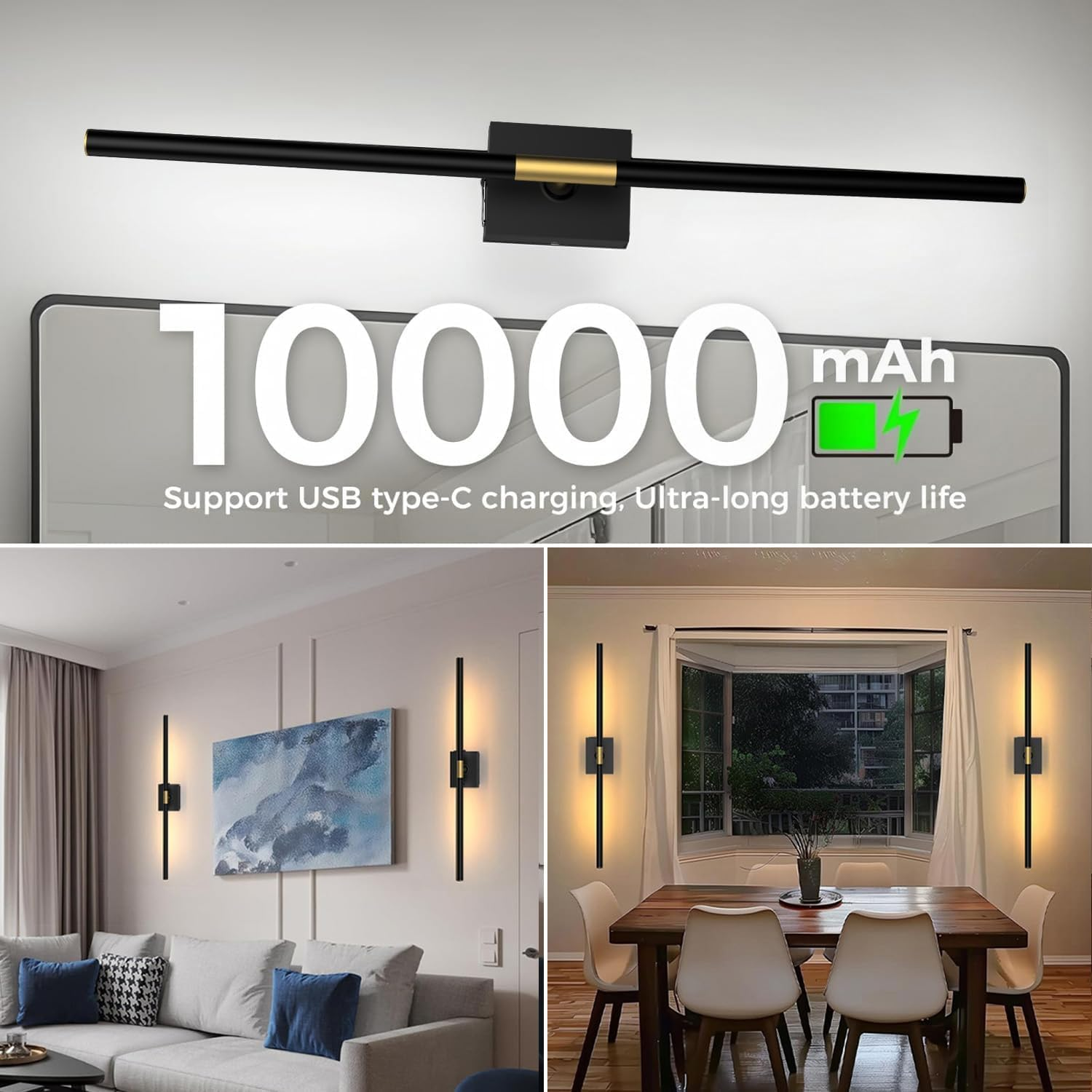 Battery Operated Wall Sconces Set of 2 &ndash; 10000Mah Rechargeable Wall Lights with Touch & Remote Control, 360&deg; Rotating Wireless Wall Lamps for Bedroom, Living Room, Hallway (80Cm, Black Gold) image number 5