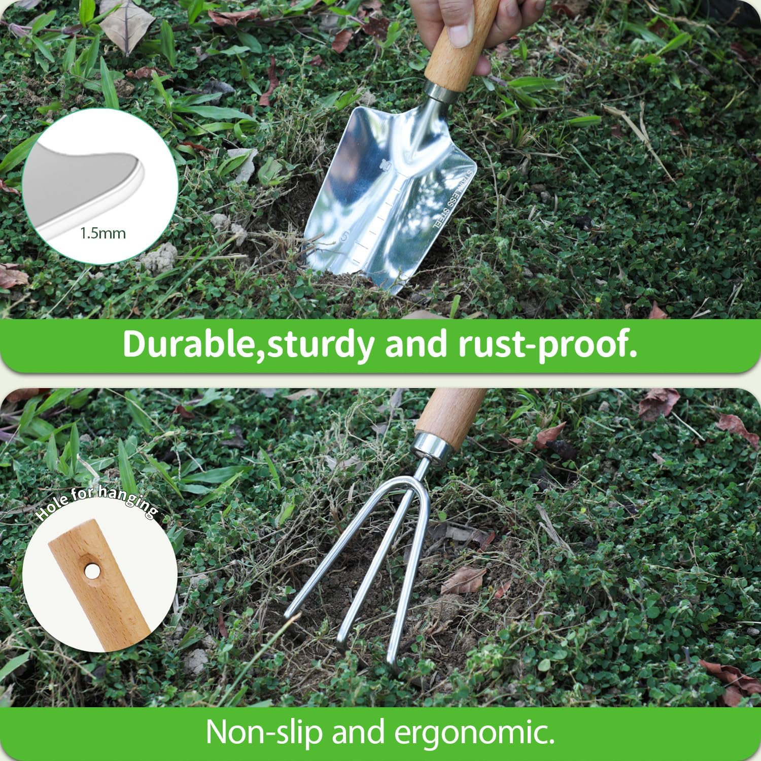 Hohaing Garden Tool Set, 2 Pieces Stainless Steel Heavy Duty Garden Tools, Gardening Kit with Wooden Handle Garden Hand Tools, Durable Garden Tools for Gardening, Gardening Gifts for Women Men image number 4