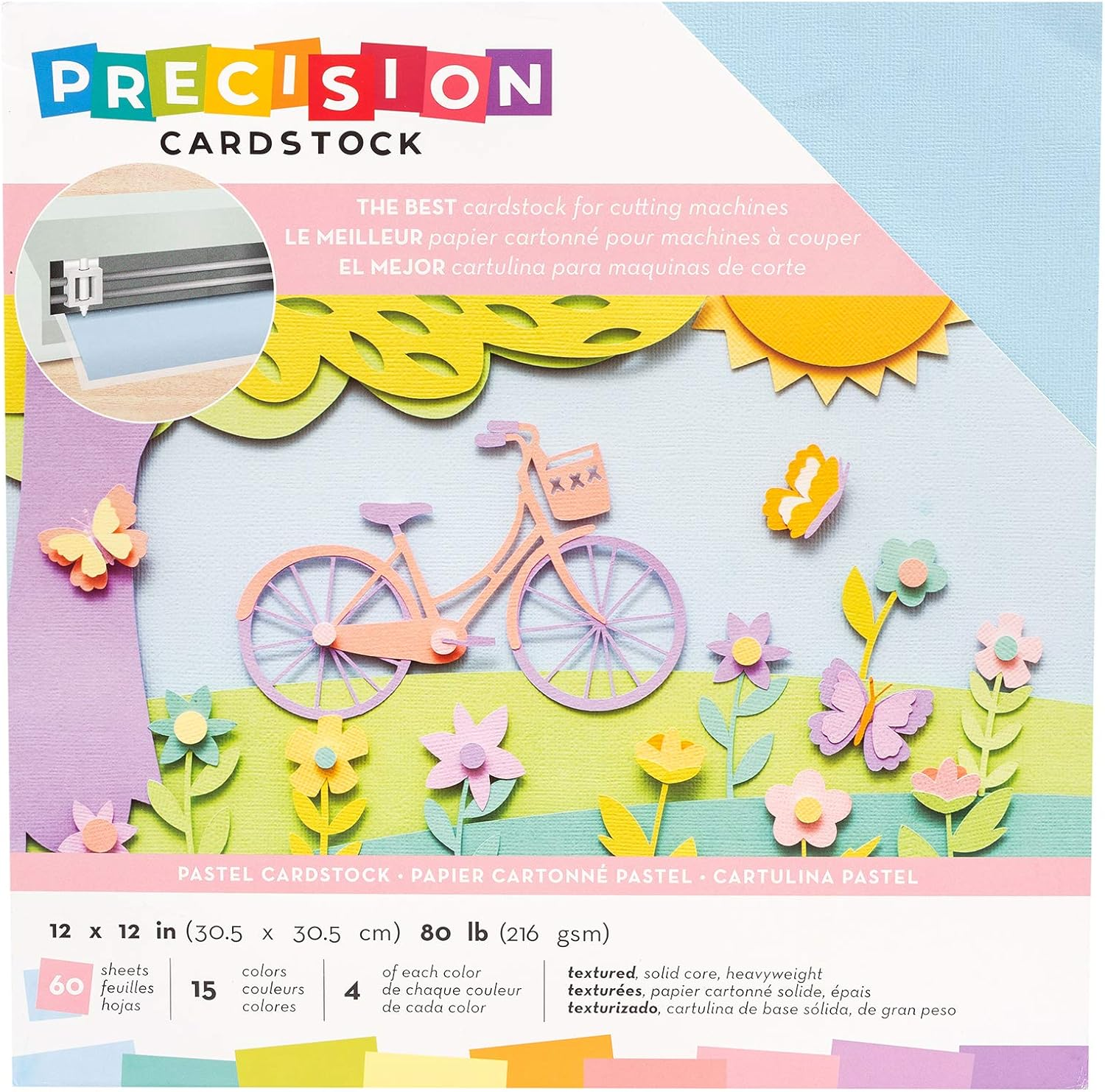 Precision Cardstock 12X12 Paper - Textured Craft Paper for Die Cutting, Card Making, Scrapbooks - 60 Heavy Duty Sheets, 15 Unique Colors, 80Lb (216Gsm), Solid Core - Brights