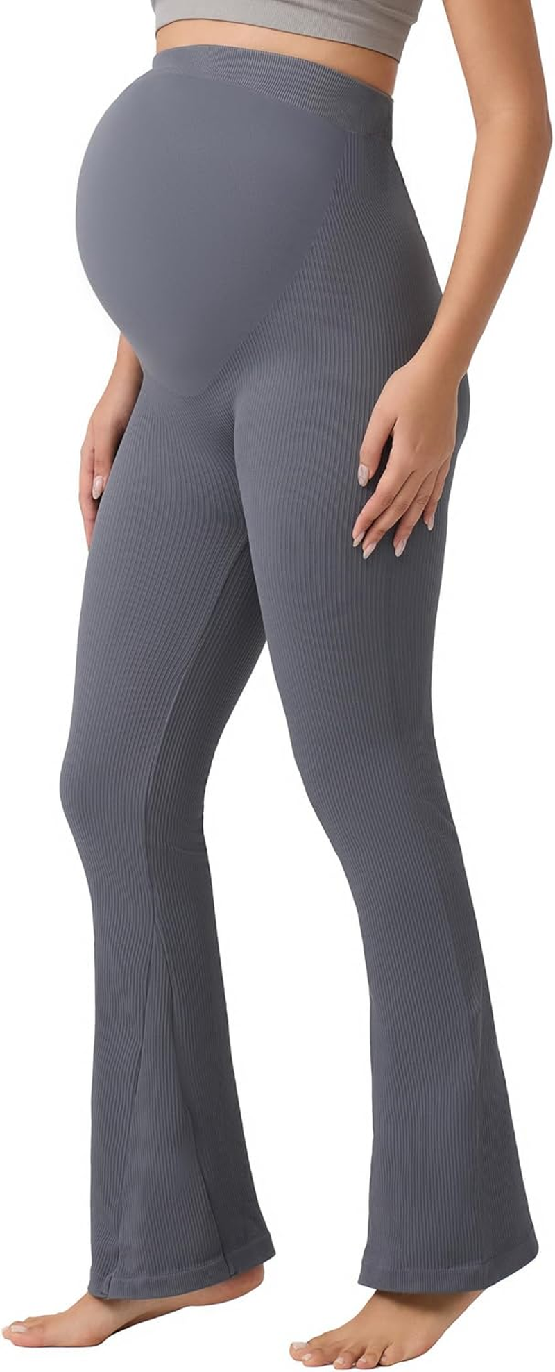 Angelhood Women'S Maternity Flare Leggings over the Belly Ribbed Pregnancy Yoga Leggings Workout Activewear Maternity Pants