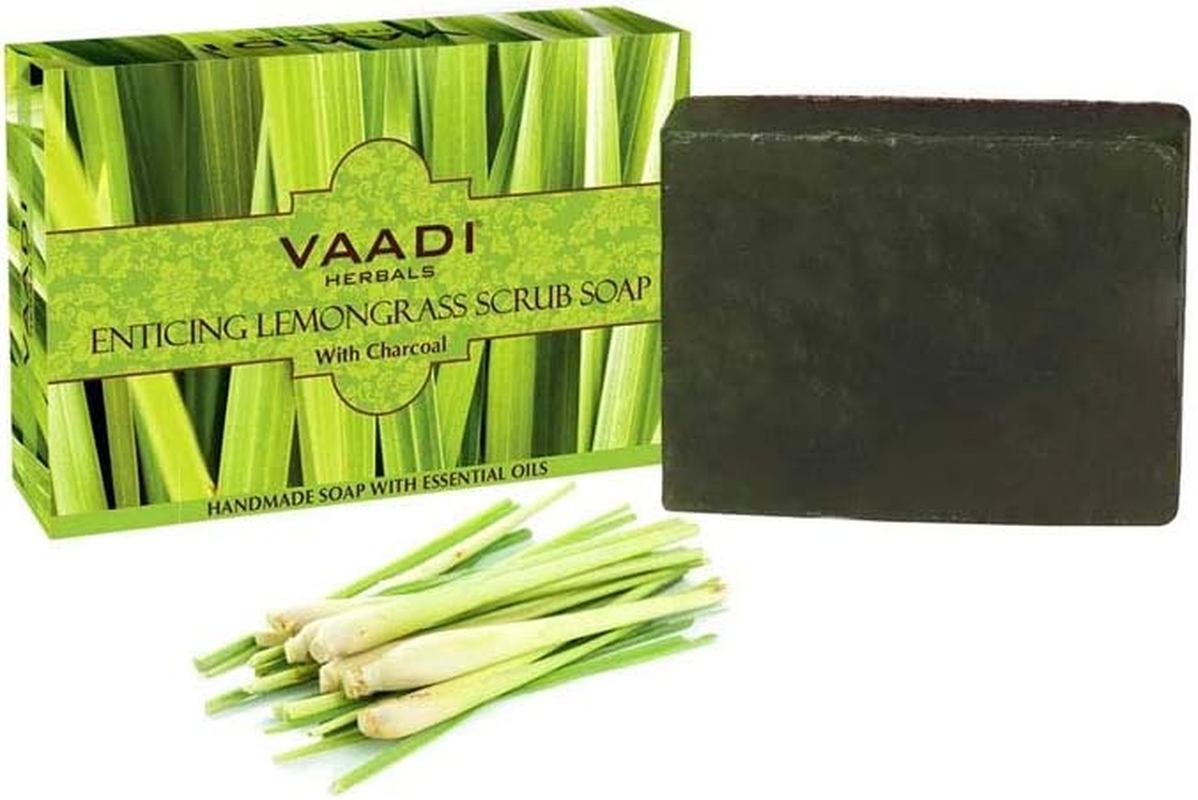 Vaadi Herbals Organic Body Soap Bar Enticing Lemongrass Scrub Soap with Activated Charcoal anti Bacterial Body Soap Bar Sulfate Free Exfoliating Soap - Handmade Herbal Soap (Aromatherapy) with 100% Pure Essential Oils - Deep Pore Cleansing Removes Pimples Oil Control All Skin Type 3 X 75 Gm image number 2