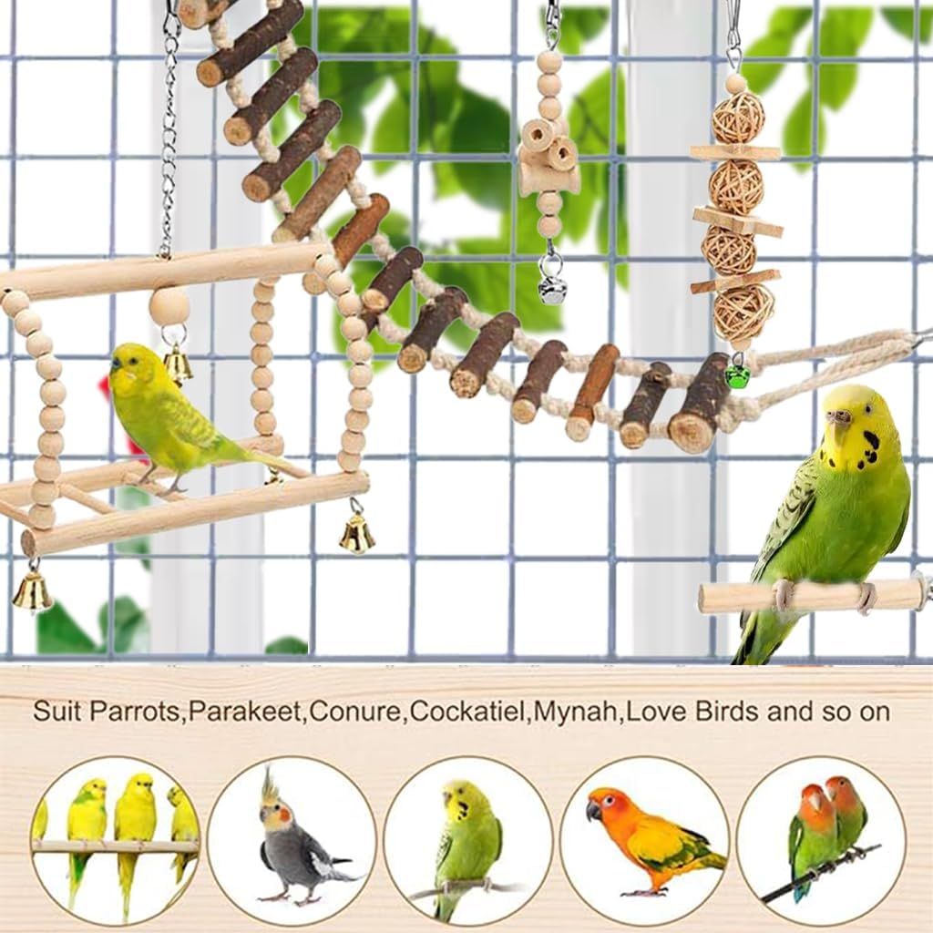 8 Pcs Bird Parrot Swing Toys, Chewing Standing Hanging Perch Hammock Climbing Ladder Bird Cage Toys for Parakeet,Budgerigar,Conure, Mynah, Cockatiel,Love Birds, Finches and Other Small to Medium Birds image number 4