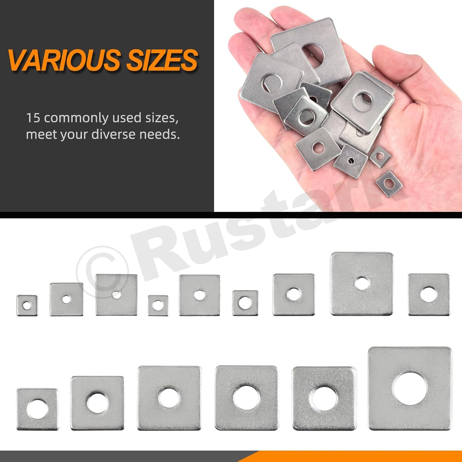 Rustark 100Pcs 15 Sizes M3-M14 304 Stainless Steel Square Plate Washers Assortment Kit Square Bearing Plate Washer Square Washer Flat Washer Fastener for Construction and Industrial Equipment