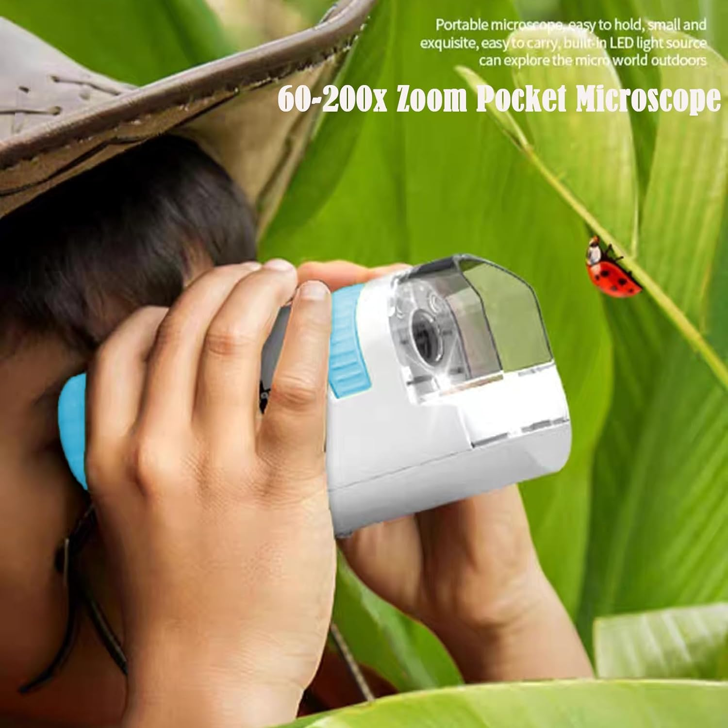 Tehttz 1 Pack Blue 60-200X Zoom Pocket Microscope, Mini Microscope with LED Light High Definition Children Microscope for Kids, Microbiological Observation Preschool Home (Not Battery Included) image number 4