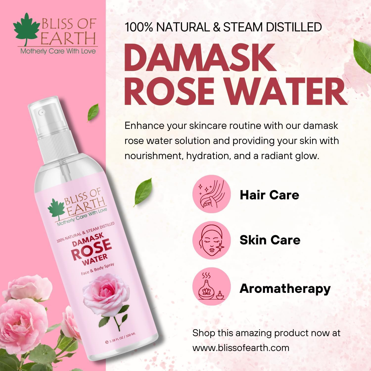 Bliss of Earth 100% Pure Damascena Rose Water Spray for Face, Steam Distilled, Food Grade, Pure Gulab Jal, 100ML image number 3