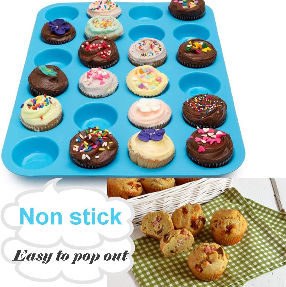 Muffin Tray Silicone Mini 24 Cups, Non Stick Muffin Pan Cupcake Bakeware Baking Mould, Dishwasher Safe (Blue)