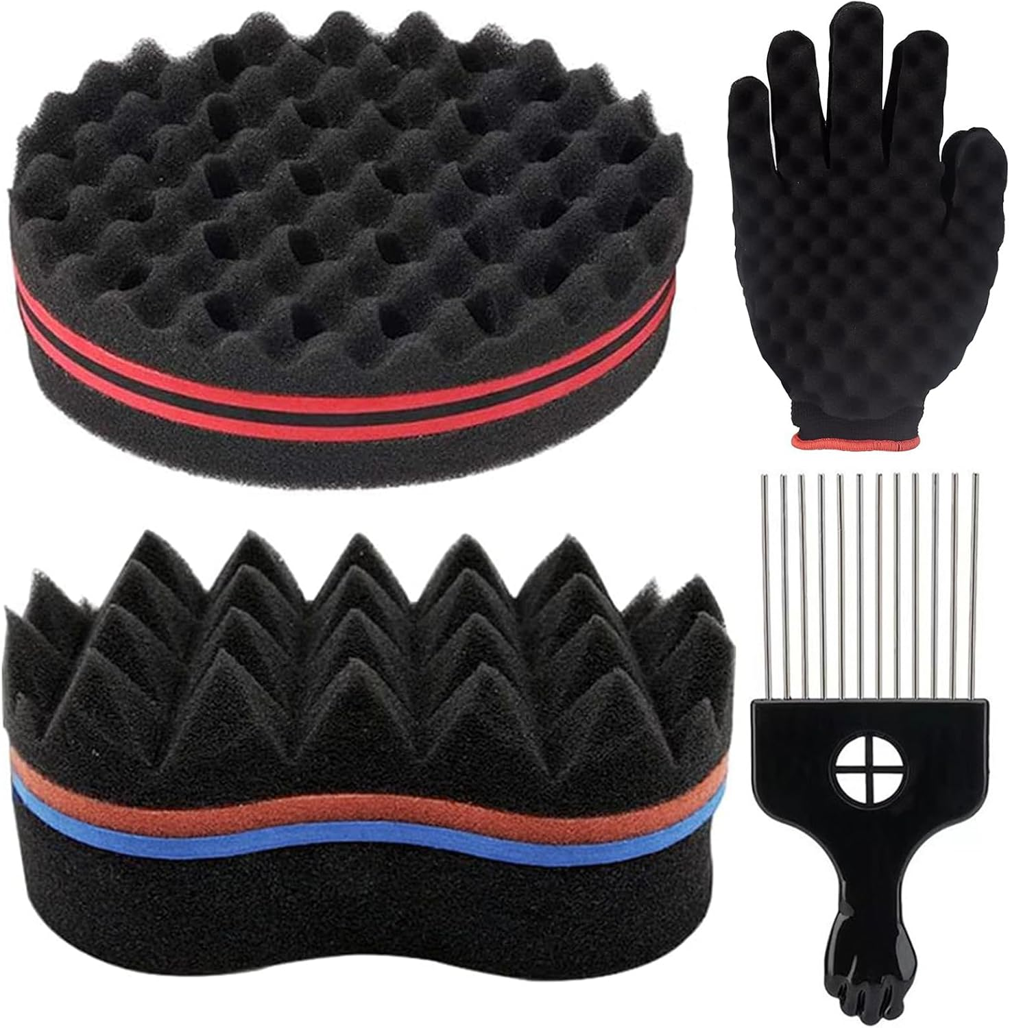 Fahibin 2 Pcs Holes Hair Sponge, Big and Small Holes Hair Sponge Brushes,Afro Coils Hair Curls Brushes,Sponge Hairbrush,Hair Sponge with Metal Combs and Curler Gloves image number 1