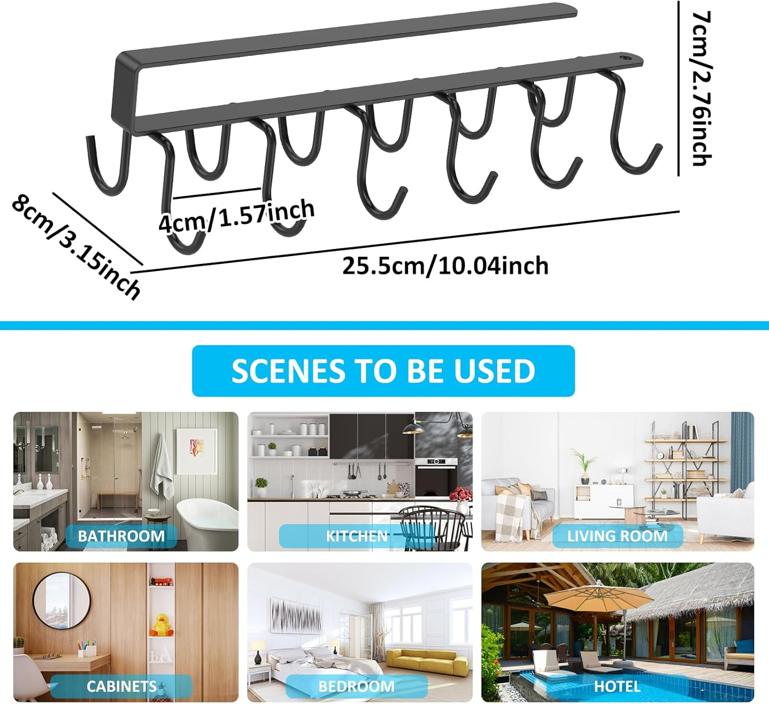 Fwqofvk 2Pcs Iron Shelf Mug Hanger with 12 Hook, Stable Hanging Cup Hook Organizer Rack, under Cabinet Double Row Mug Rack No Nail for Bathroom Kitchen 25.5&times;8&times;7Cm image number 4