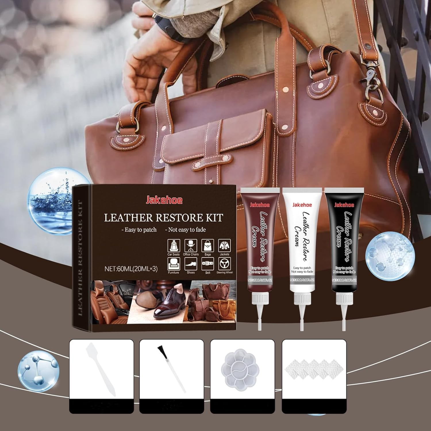 Leather Restore Kit, 60Ml Repair Cream Set with Accessories, 3 Colors image number 1