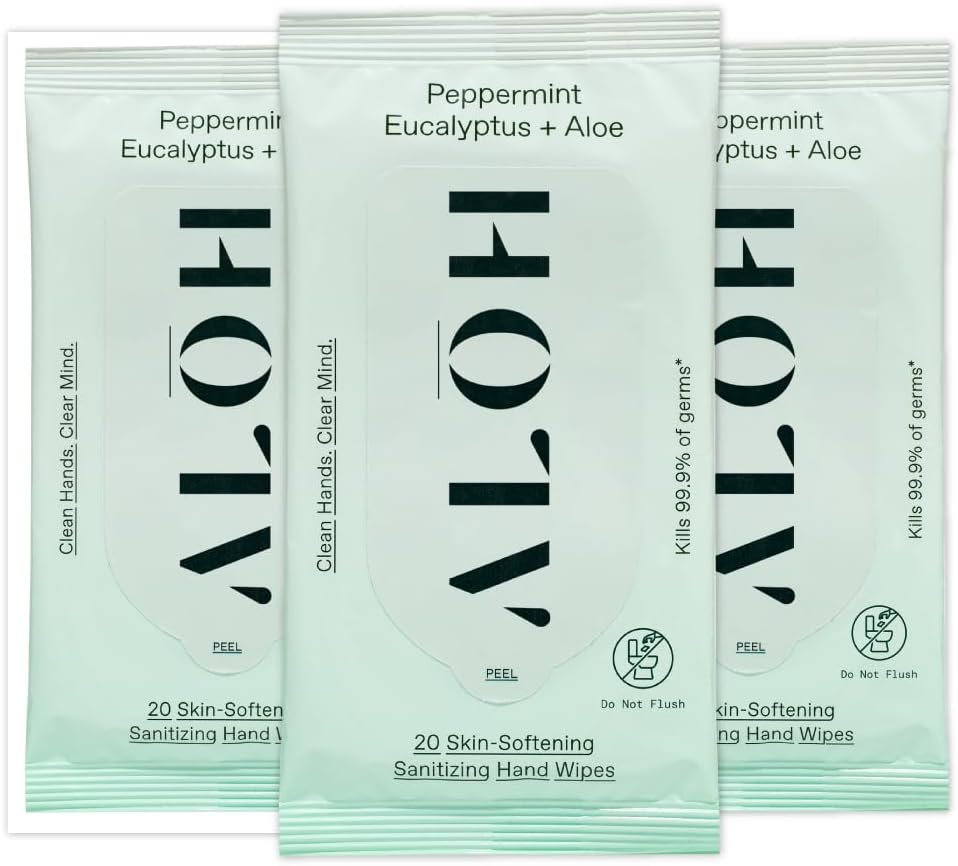 ALŌH Peppermint Eucalyptus + Aloe Sanitizing Hand Wipes - Clean Hands, Clear Mind on the Go Sanitizer for Kids and Adults - Travel Size 3 Pack 20Ct Wipes (60 Wipes) image number 2