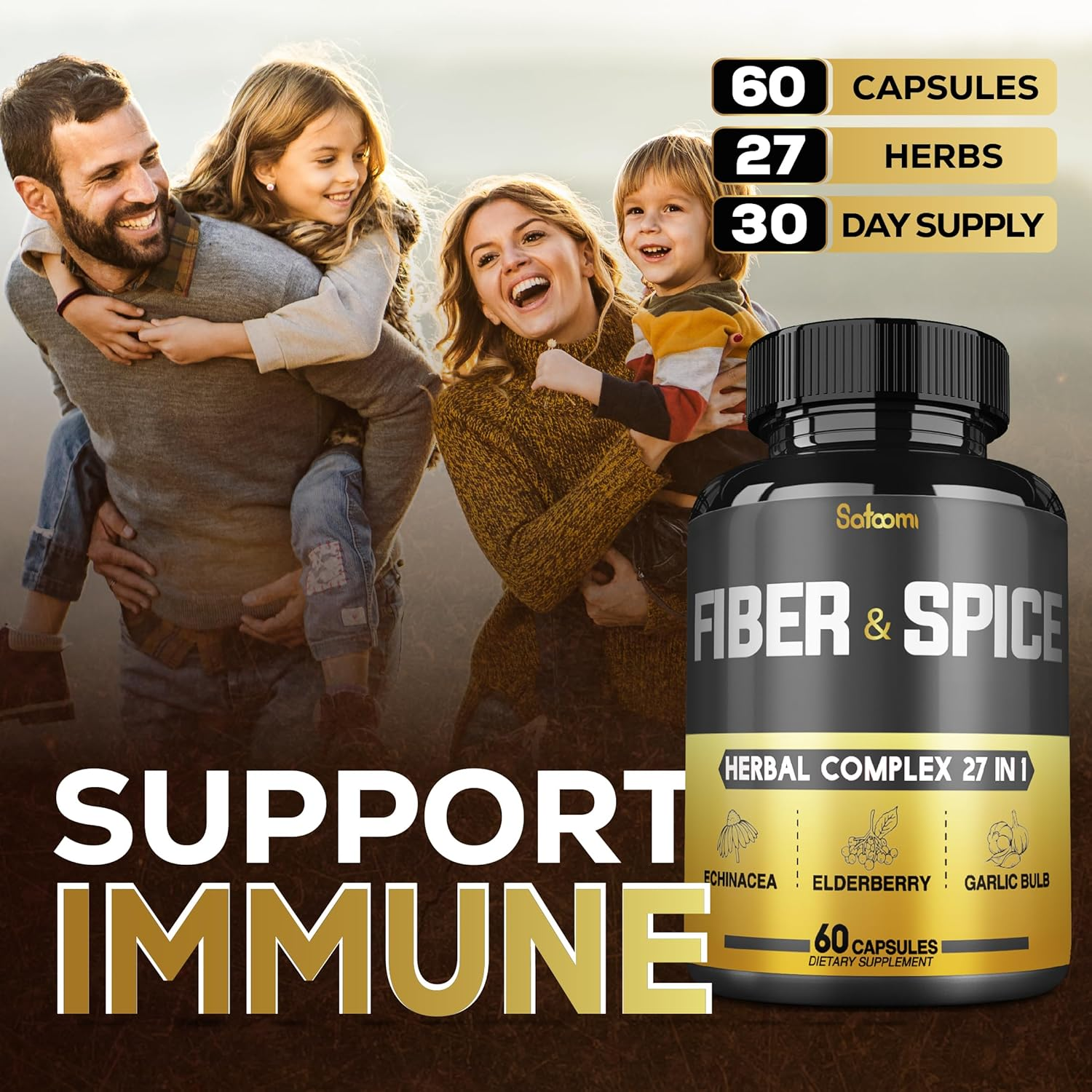 SATOOMI 27 in 1 Fiber and Spice Supplement - 60 Veggie Capsules - High Concentrated with Psyllium Husk, Flax Seed, Apple, Elderberry, Echinacea & More image number 5