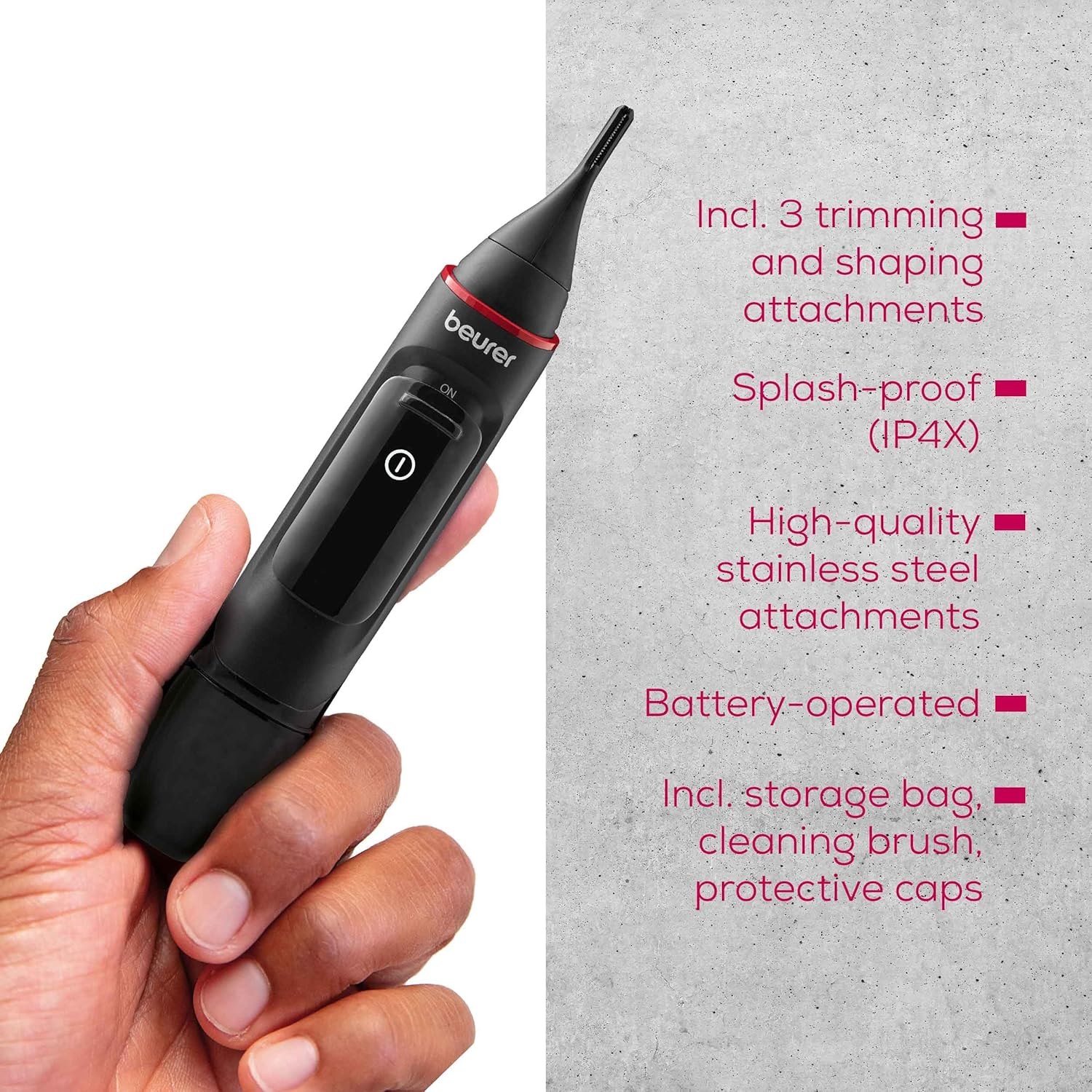 Beurer MN3X Precision Trimmer, Battery Powered Hair Trimmer, 3 High-Quality Attachments Trimmer for Shaping and Trimming Nose, Ear and Eyebrow Hair, Waterproof image number 3