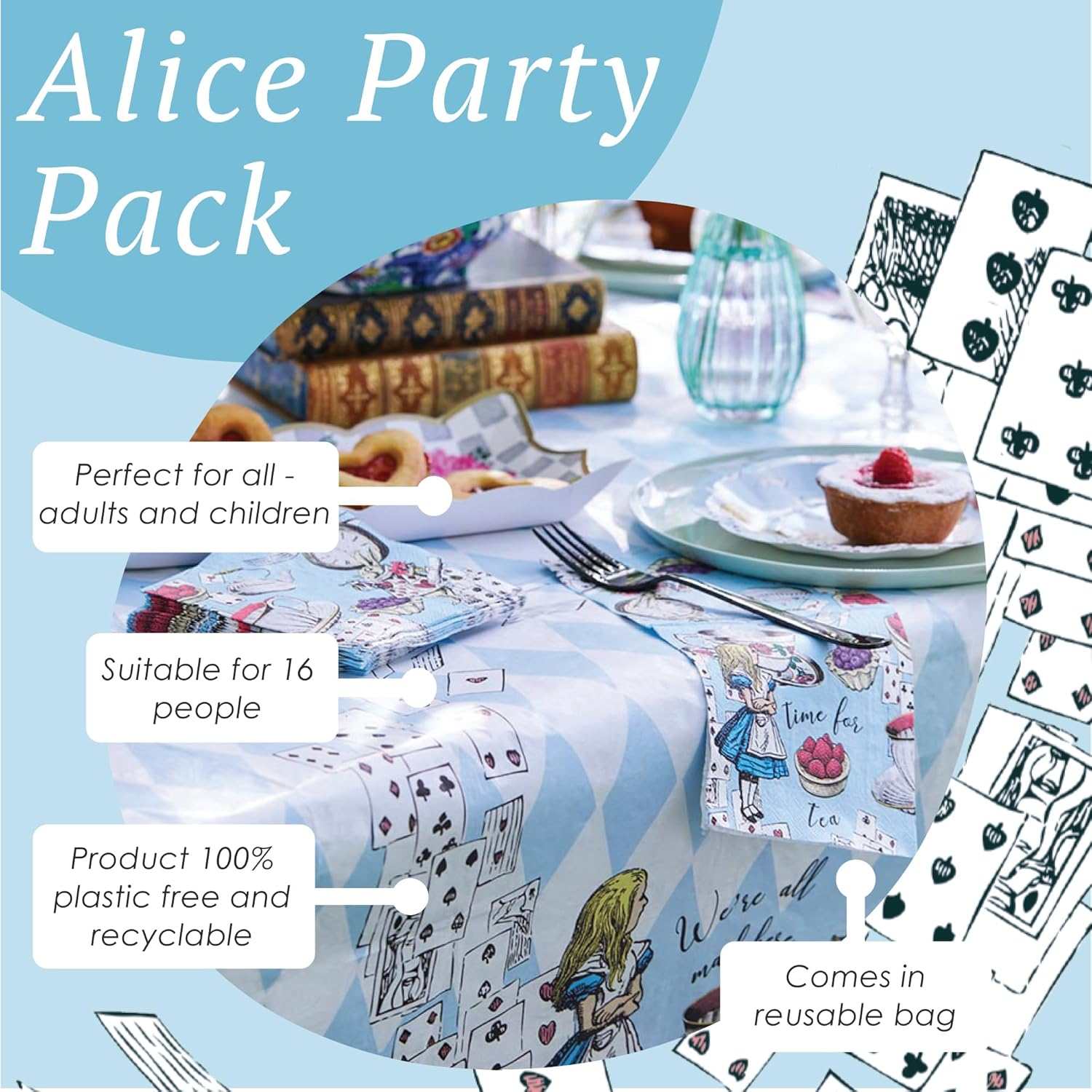 Talking Tables Alice in Wonderland Party Decorations & Tableware for 16 Guests | Mad Hatter Double Sided Bunting ,Paper Plates, Napkins, Cups, Table Cover for Birthday, Afternoon Tea Baby Shower, By image number 2