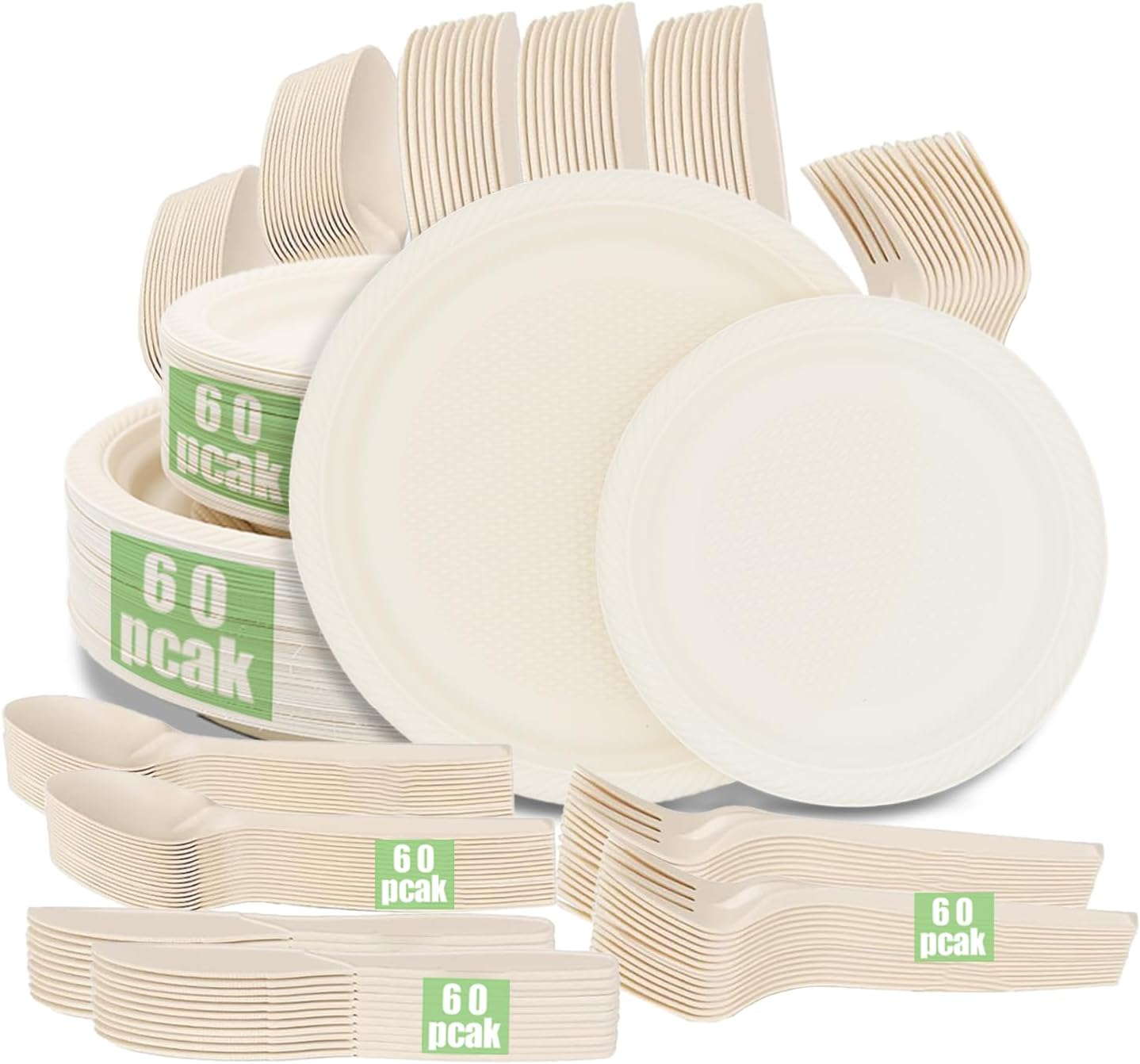 Disposable Plate Sets, 300Pcs Paper Plates Sets for Camping, Dinner Party, Picnic & BBQ, Biodegradable, Eco-Friendly, Compostable, Microwave Safe, Serve for 60 People. image number 3