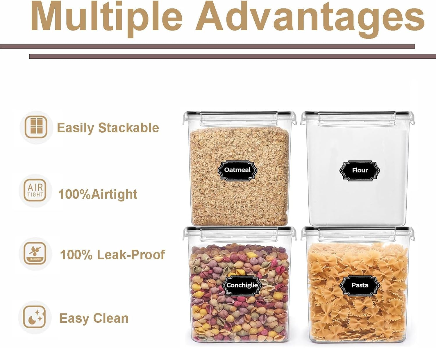 Feshory 4 Pack Extra Large Airtight Food Storage Containers (5.2 L/Each) - Cereal Rice Dispenser, Pantry Organiser with 100% Leak-Proof Lids for Kitchen & Home Organisation image number 3