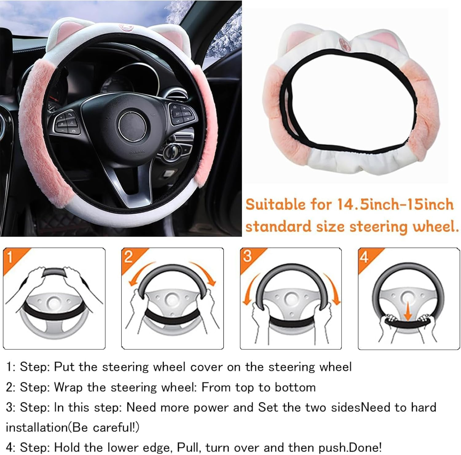 Fluffy Plush Car Steering Wheel Cover for Winter, Cute Kitty Cat Ears Design, Universal 15-Inch, Elastic & Anti-Slip, Warm and Cozy Car Accessory (Pink) image number 3