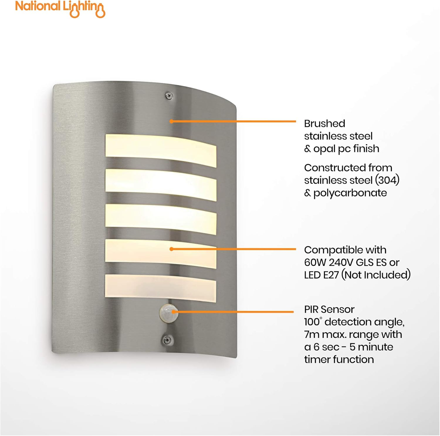 Bianco Stainless Steel and Frosted Opal Lens Curved IP44 Rated PIR Motion Sensor Outdoor Garden Wall Mounted Security Light image number 2