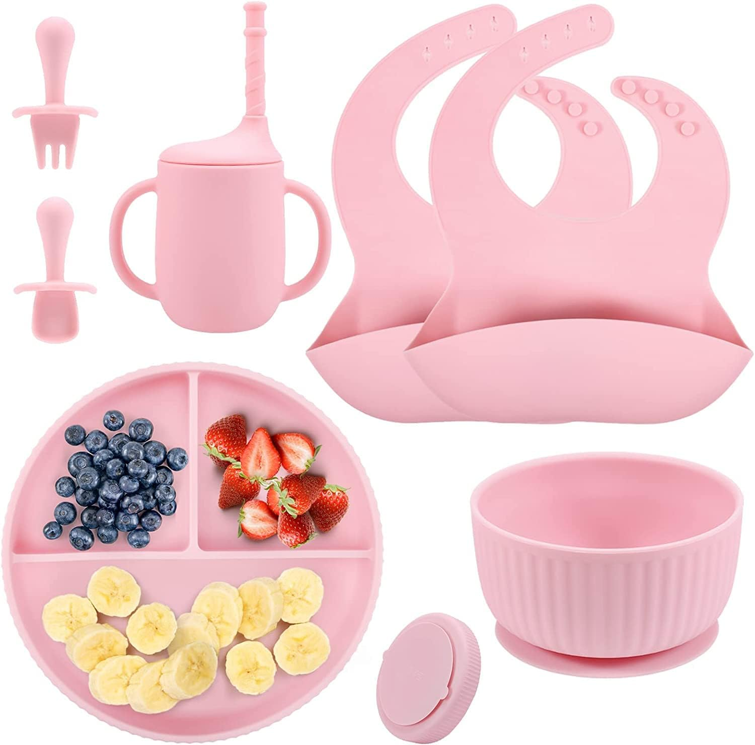 Children Feeding Set with Plates, Utensils, Adjustable Bib, Suction Bowl, Divided Plate, Straw Cup, First Stage Spoon & Fork (Blue)