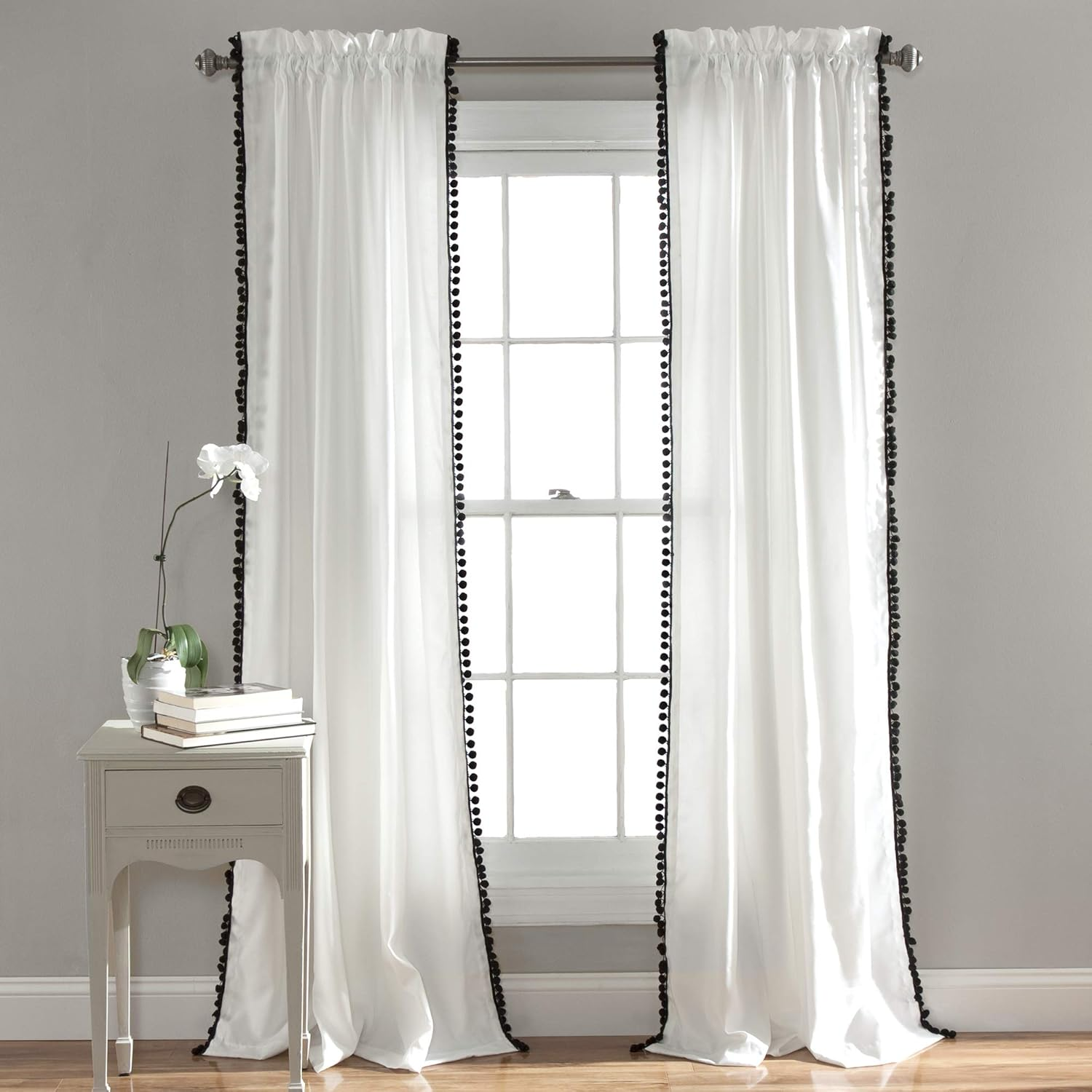 Lush Decor, Gray Pom Curtain | Textured, Solid Color Shabby Chic Style Window Panel for Living, Dining Room, Bedroom (Single), 84&rdquo; X 50 White, 84" X 50"