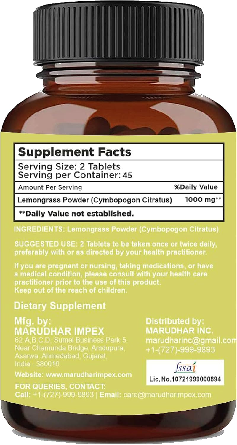 Lemongrass Tablets by Mi Nature | 90 Tablets, 1000 Mg | 45 Days Supply | Cymbopogon Citratus |
