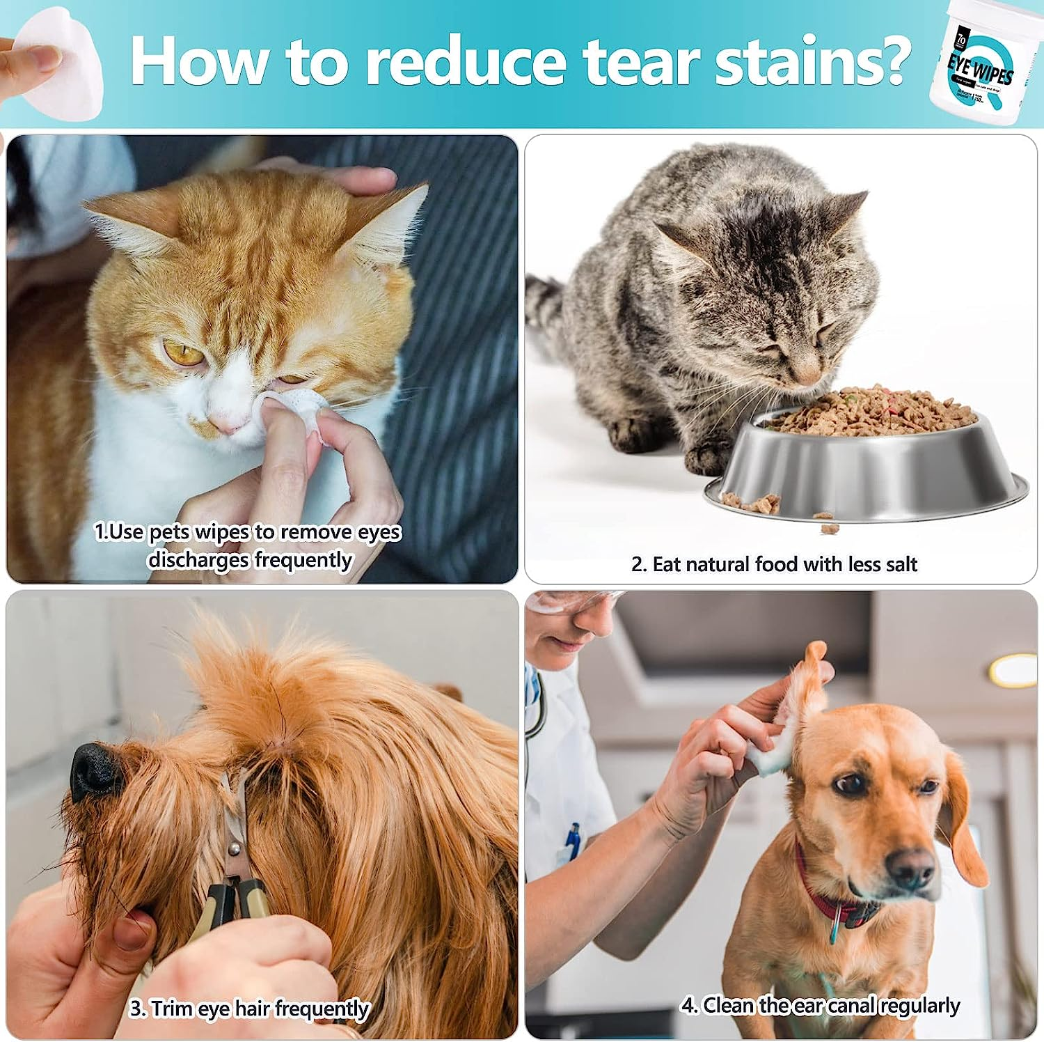 Pet Eyes Wipes, 150 Pcs Universal Cat & Dog Grooming Wipes, Natural and Safe for Removing Dirt Crust and Discharge, Hypoallergenic for Eye, Ear, Nose