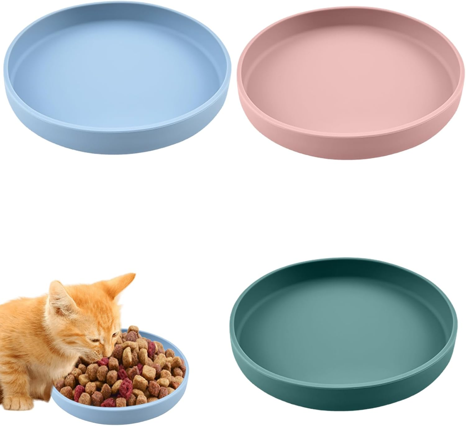 Pack of 3 Cat Bowls, Cat Feeding Bowls, Tricolour Cat Bowls, 18 Cm Silicone Bowl, Wide Cat Bowl, for Dry Food and Wet Food (Blue, Green, Yellow)