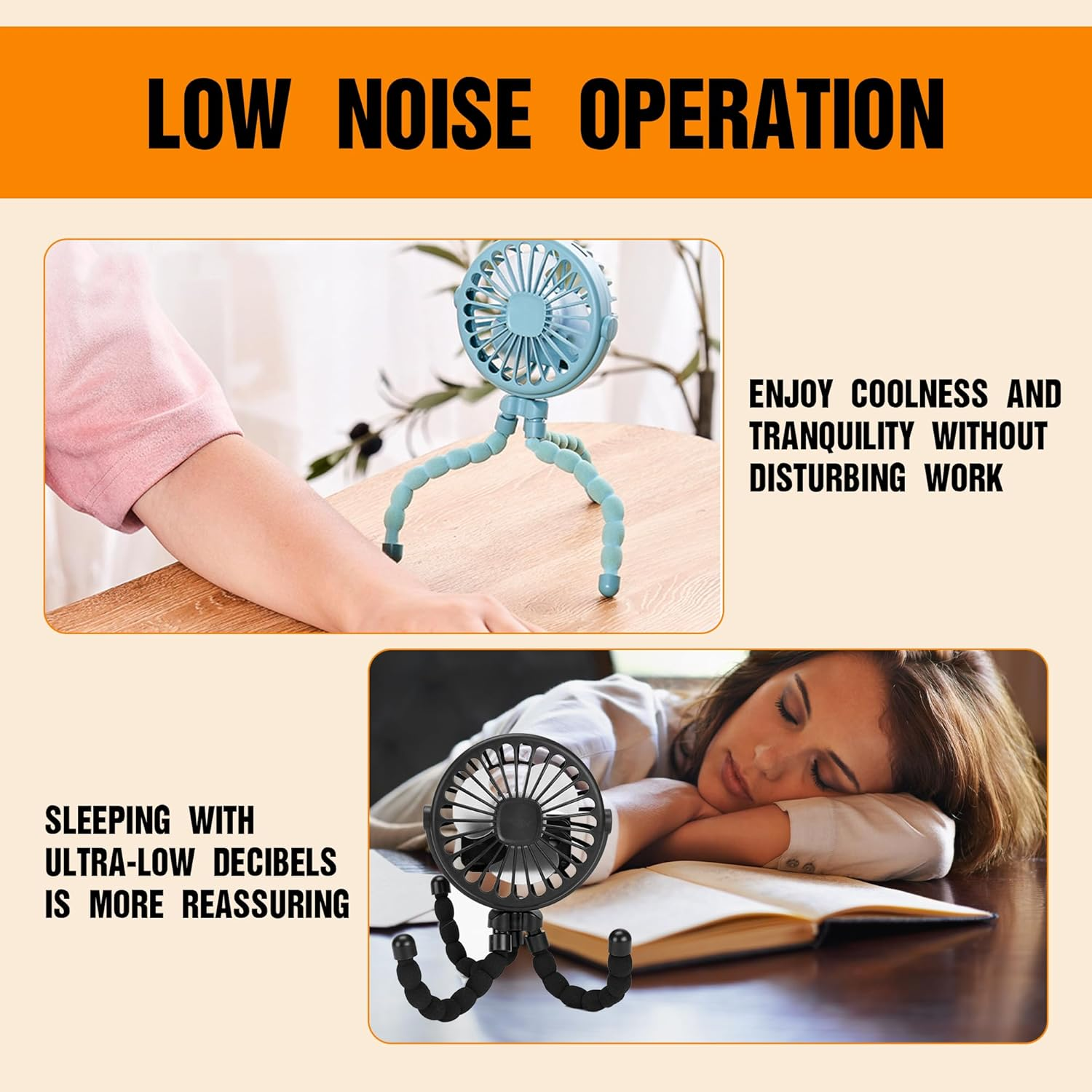 Mini Portable Stroller Fan, Hand Held Fan, 3 Gears, USB Rechargeable, 360&deg; Rotation, Flexible 3-Legged Small Fan, Suitable for Car Seat, Baby Bed, Treadmill and Travel (Black) - Blue image number 7