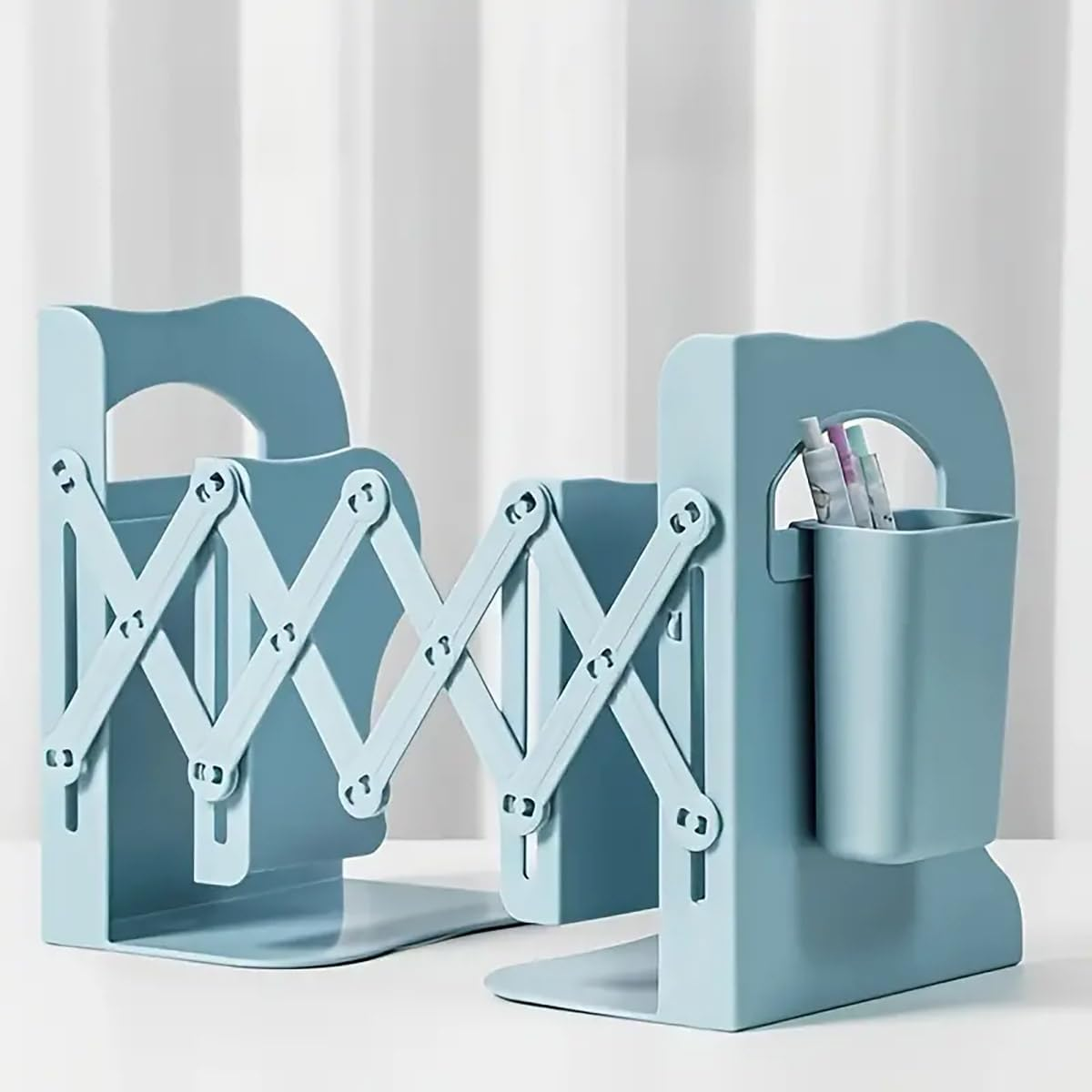 AIMALL Adjustable Desktop Book Stand with Pen Holder, Multi-Functional Expandable Bookshelf, Space-Saving Design, Blue, Pink or White - 17.7"X5.3"X6.9" - Blue image number 3