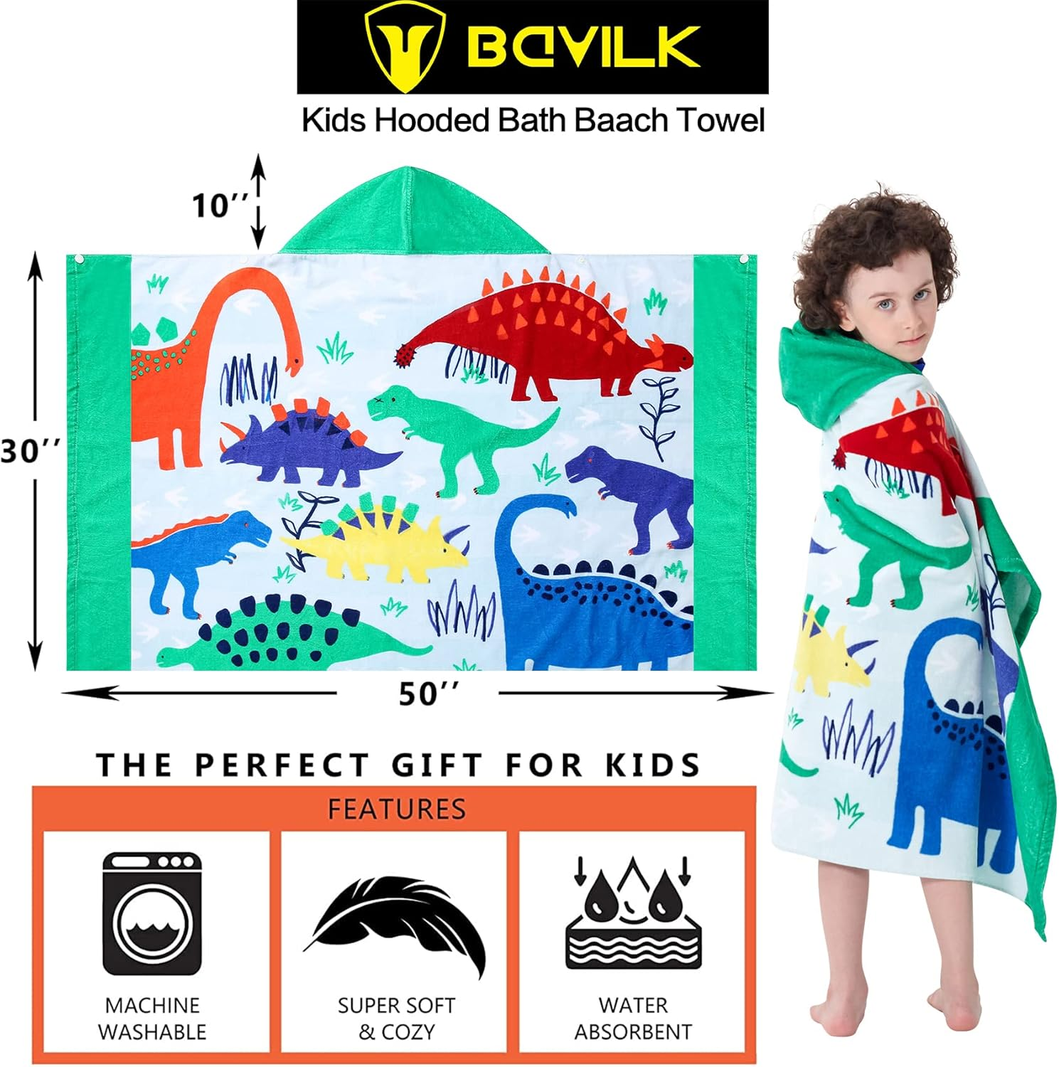 Bavilk Kids Hooded Bath Beach Towel Girls Boys Swim Pool Cover up Super Absorbent Cute Cartoon Animal Full Vitality (Dinosaur World) image number 3