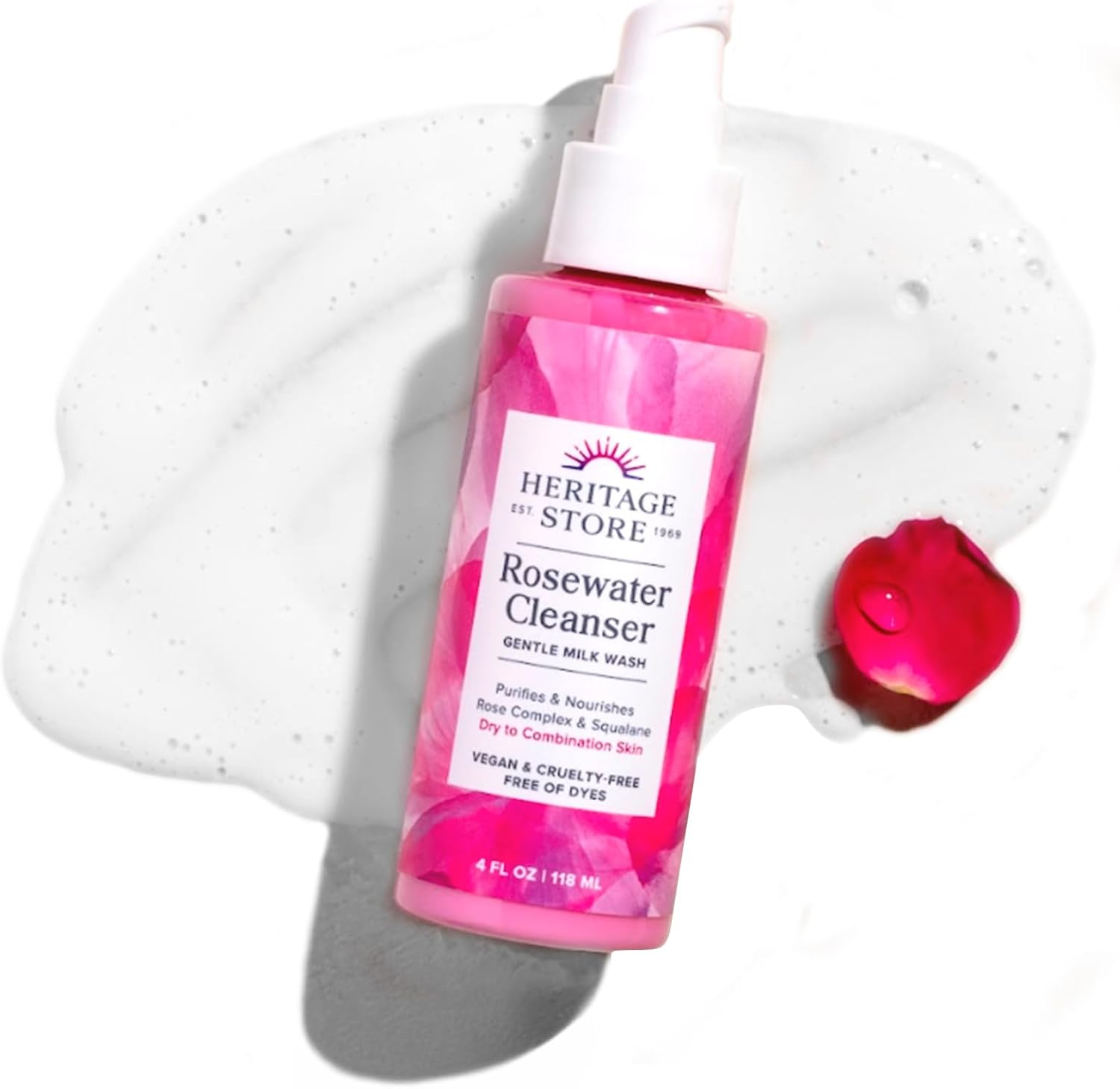 HERITAGE STORE Rosewater Facial Cleanser - Milk Face Wash Purifies and Nourishes W/Squalane, Rose Complex, Dry Skin to Combination Skin Care, Hypoallergenic, Ph Balanced, Vegan, 60-Day Guarantee, 4Oz image number 4