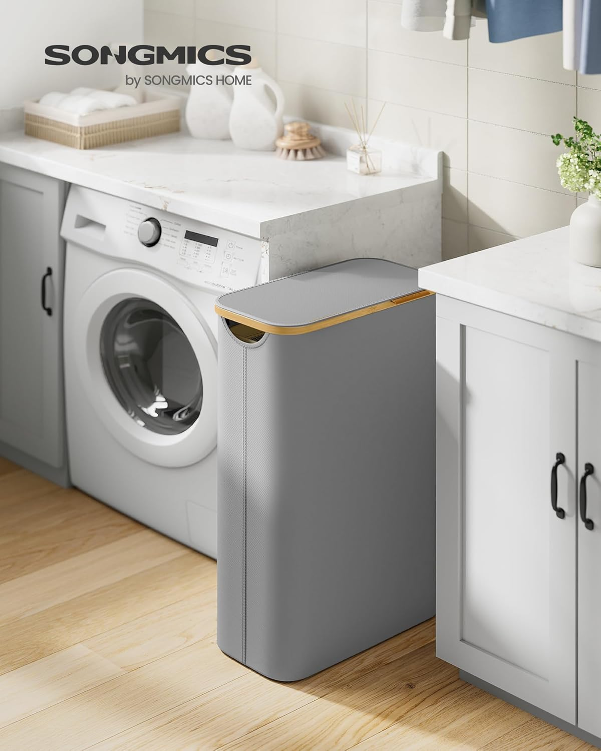 SONGMICS Laundry Hamper with Lid, Slim Laundry Basket, 17.2 Gallons (65L), Space-Saving, Removable Mesh Liner, Bamboo Handles, Collapsible, 16.5 X 8.9 X 27.8 Inches, Dove Gray ULCB506G01 image number 2