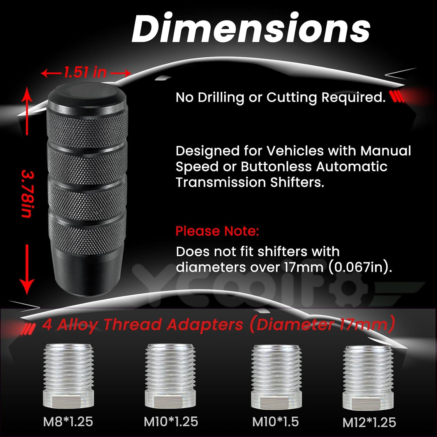 Ycooifo Shift Knob, 3.78" Aluminum Weighted Car Gear Stick Shifter Manual Knobs Fit Universal Manual Transmission Vehicle with 4 Threaded Adapters M8 M10 M12 X 1.25, M10X1.5 (Black) - Grey image number 5