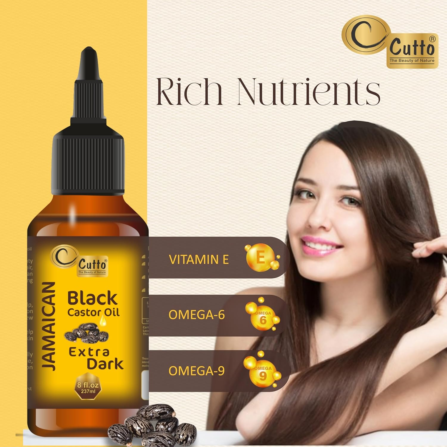 CUTTO -THE BEAUTY of NATURE Organic Extra Dark Jamaican Black Castor Oil (237Ml), with Traditional & Typical Handmade Roasted Castor Beans I Good for Hair and Skin Health