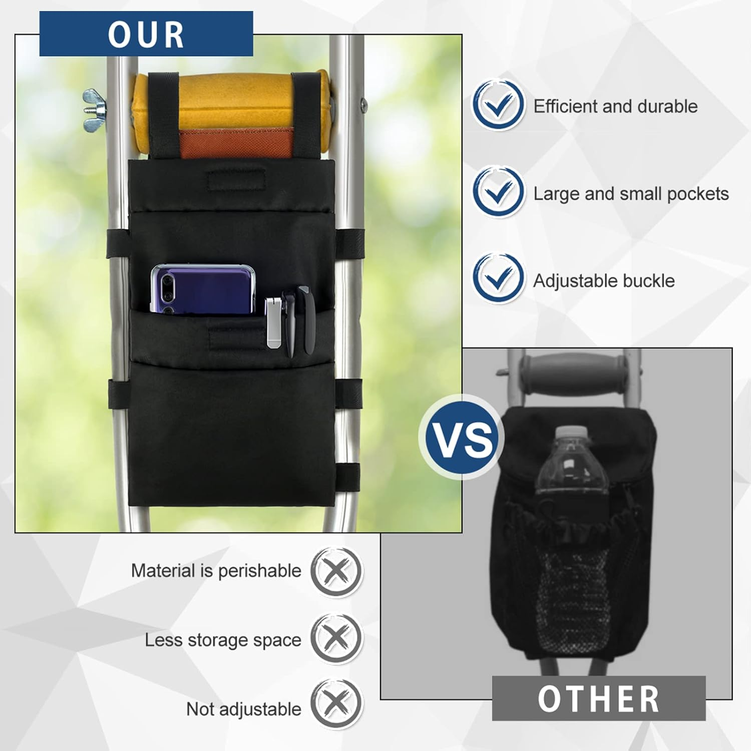 Txkrhwa Crutch Pouch Lightweight Crutch Storage Pocket with 2 Pockets Universal Hanging Crutch Bag with Adjustable Buckle Waterproof Crutch Storage Organizer for Crutches image number 3