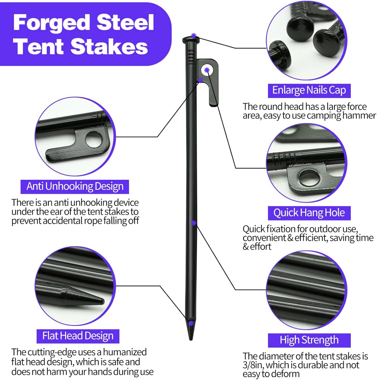 Tent Pegs, 4 Pcs Tent Stake Set, 7.87 Inch Heavy Duty Forged Steel Tent Stakes, for Camping Steel Stakes image number 1