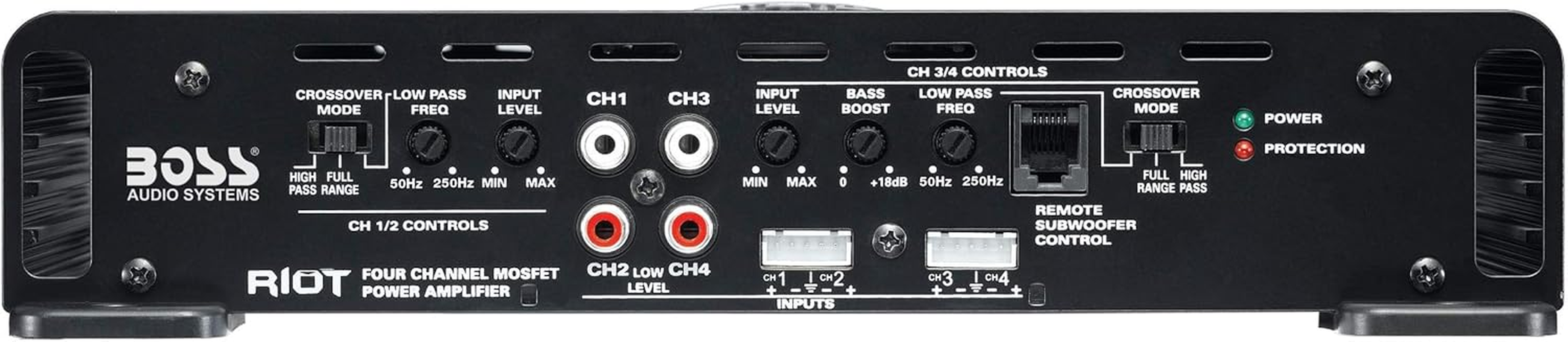 BOSS Audio Systems R2504 Riot Series Car Amplifier - 1000 High Output, 4 Channel, 2/4 Ohm, High/Low Level Inputs, High/Low Pass Crossover, Bridgeable, Full Range, Hook up to Subwoofer for Bass image number 3