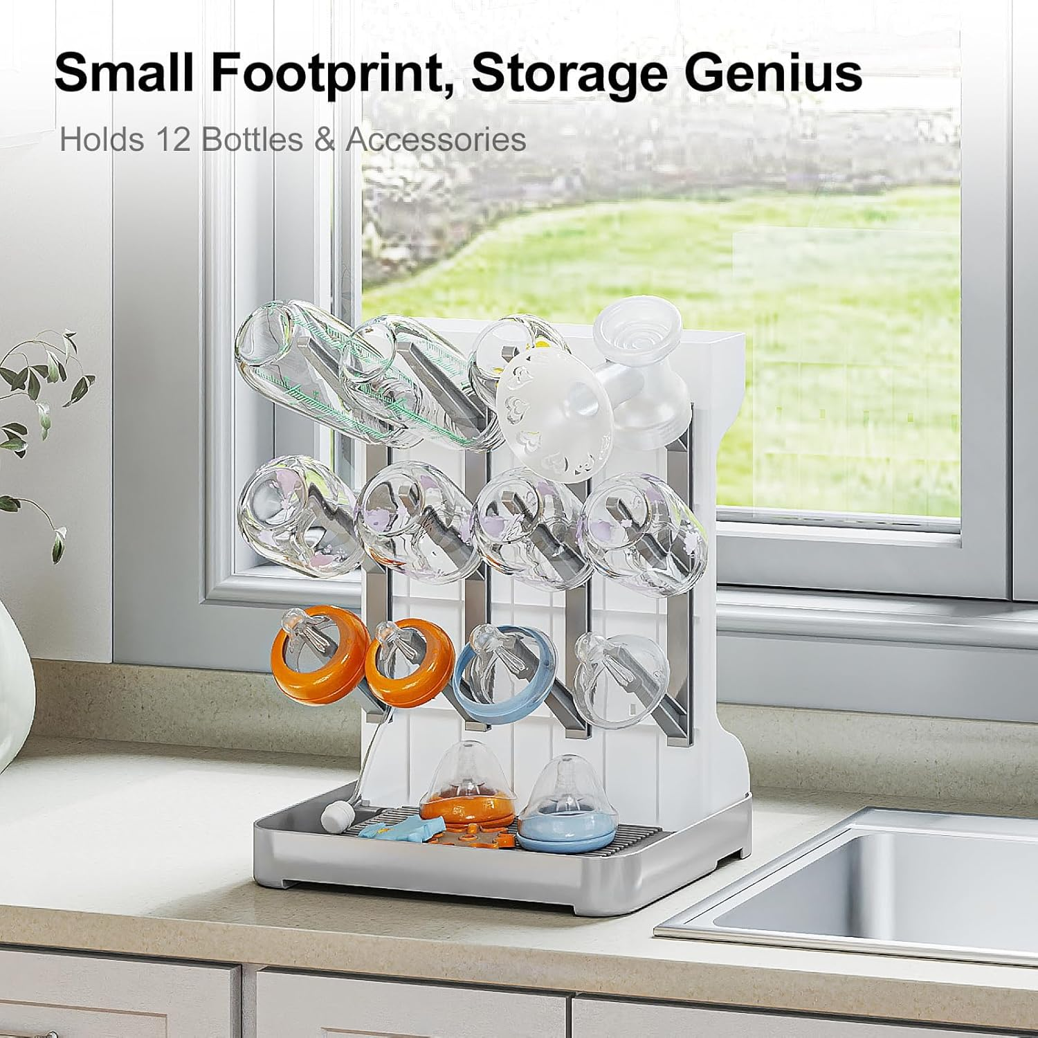 Baby Bottle Drying Rack Space Saving, Large Vertical Baby Bottle Storage Organizer & Bottle Dryer Rack for 12 Pc 8 Oz Bottles and Baby Accessories,Pump Parts,Pacifiers or Brush Stand - Bpa-Free - Gray image number 5