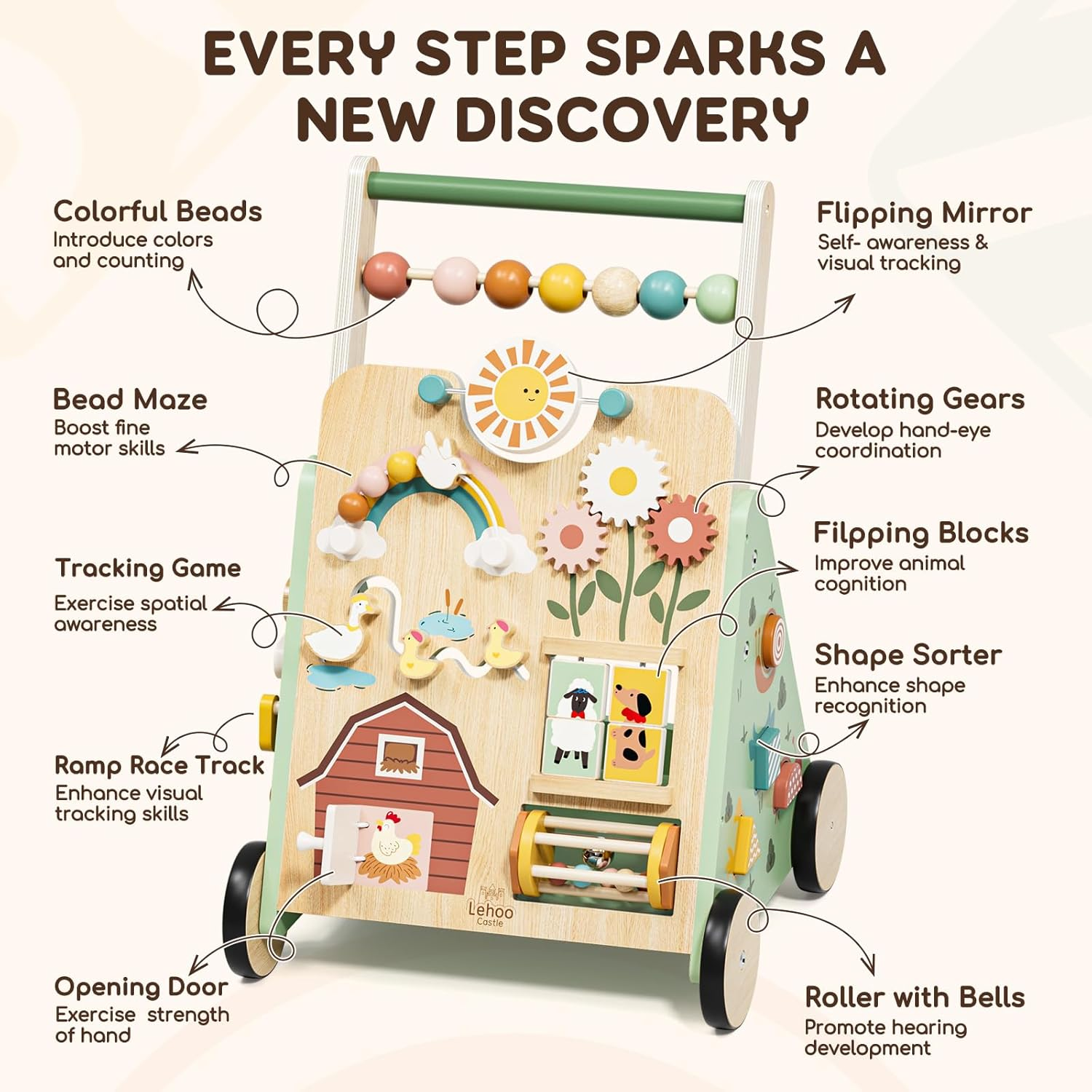 Lehoo Castle Wooden Baby Walker, Baby Activity Centre for 1 2 Year Olds, 13 in 1 Montessori Activity Board Multiple Push Walker for Babies, Learning Walking Toy Baby Gifts for Boys Girls Age 12 Months+ image number 1