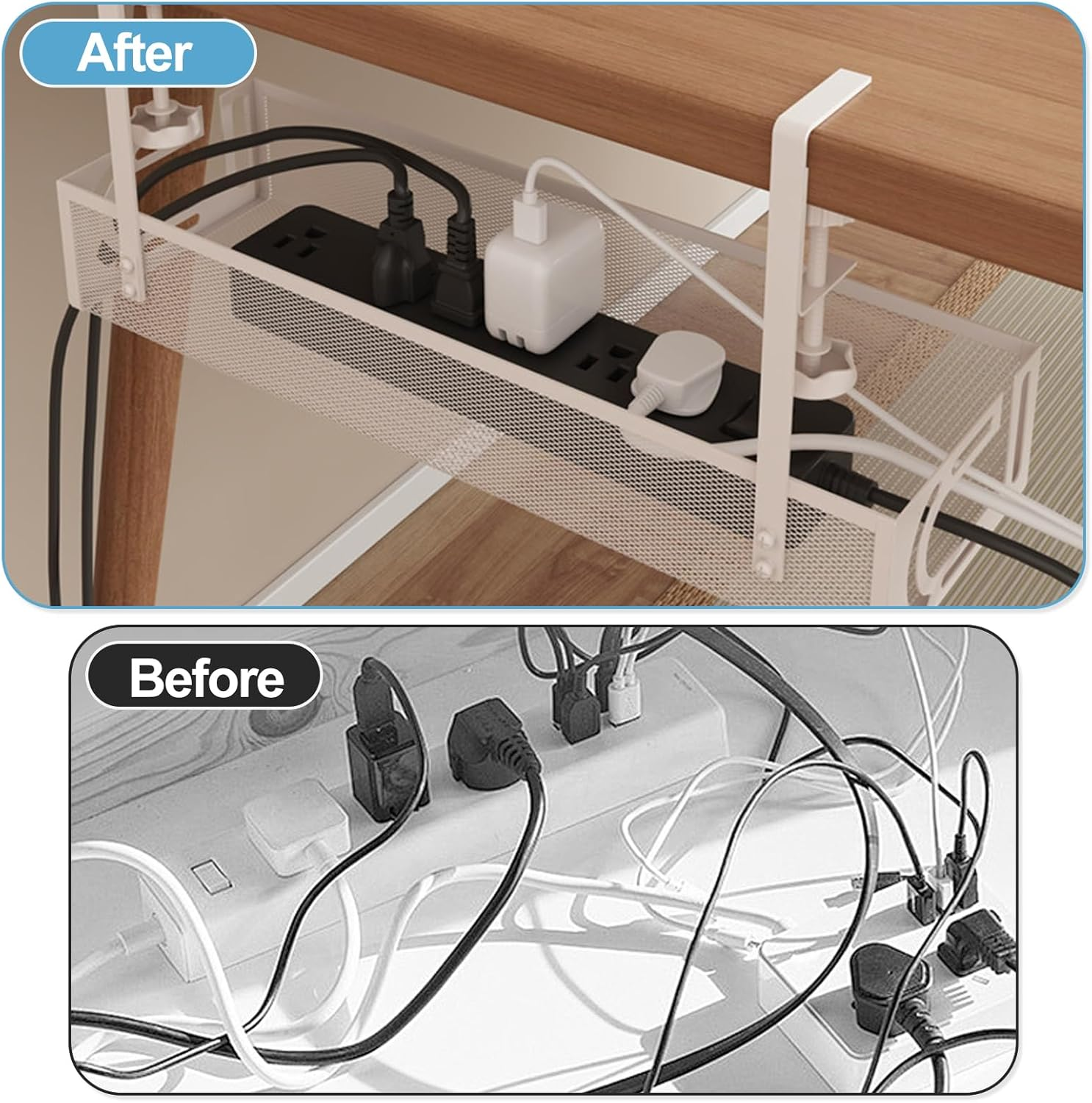 Ruaizel under Desk Cable Management Tray, 15.3'' No Drill Metal Desk Cable Organizers Wire Organizer & Cord Management under Desk Holder with Clamp for Home Office, White image number 5