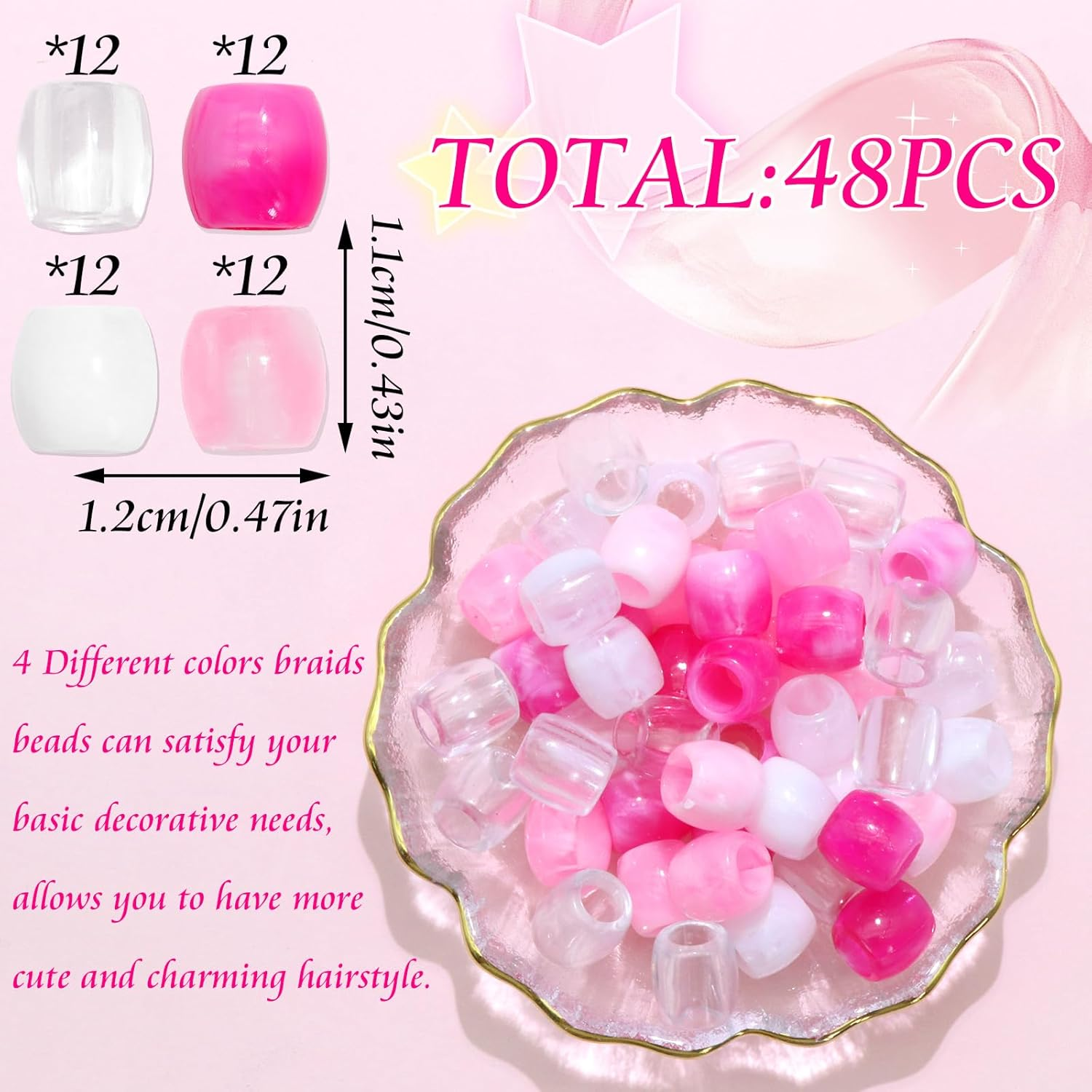 VENOFEN 48 Pink Hair Beads for Dreadlocks, Braids, and Pony Tails - Light Pink, Kids' Girls' Jewelry Making Hair Accessories - Brown image number 5