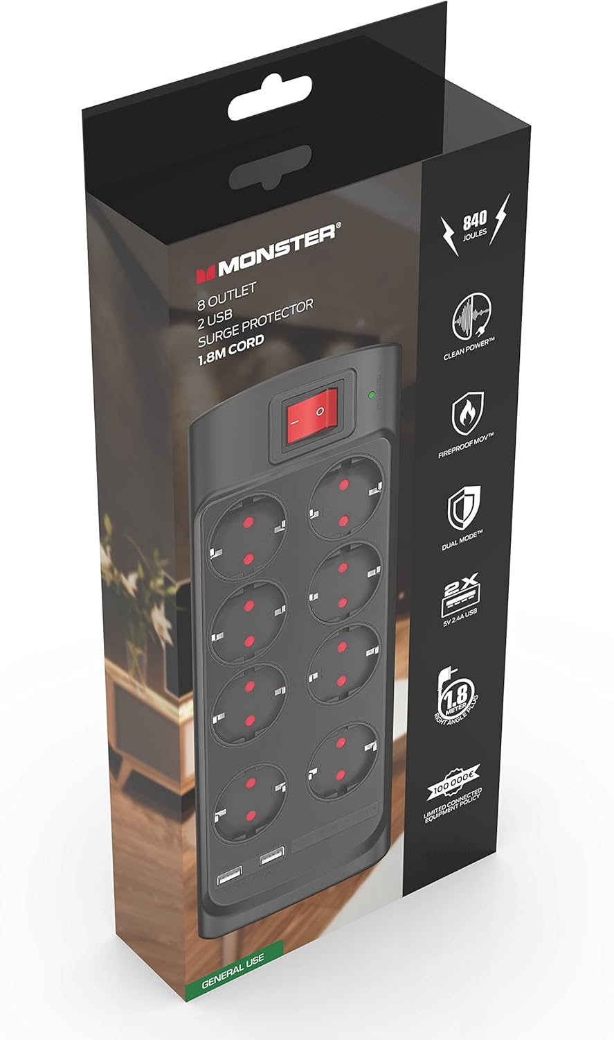 Monster - Power Strip - 8-Way + 2 USB with Switch - 1.8 M - Black image number 5