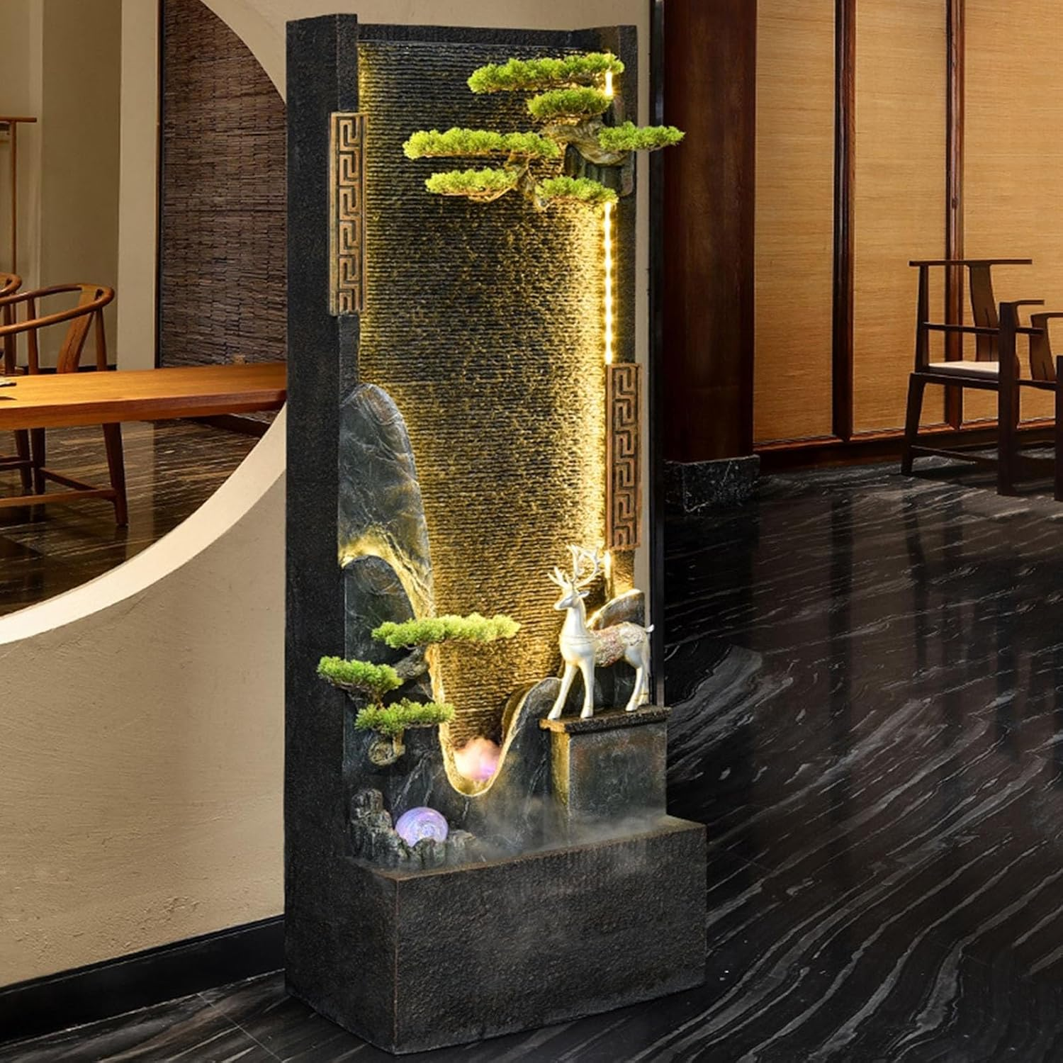 Outdoor Fountain Chinese-Style Circulating Water Curtain Wall Fountain with Artificial Mountain and Flowing, Floor-Standing Decorative Ornament, Suitable for Living Room or Office image number 4