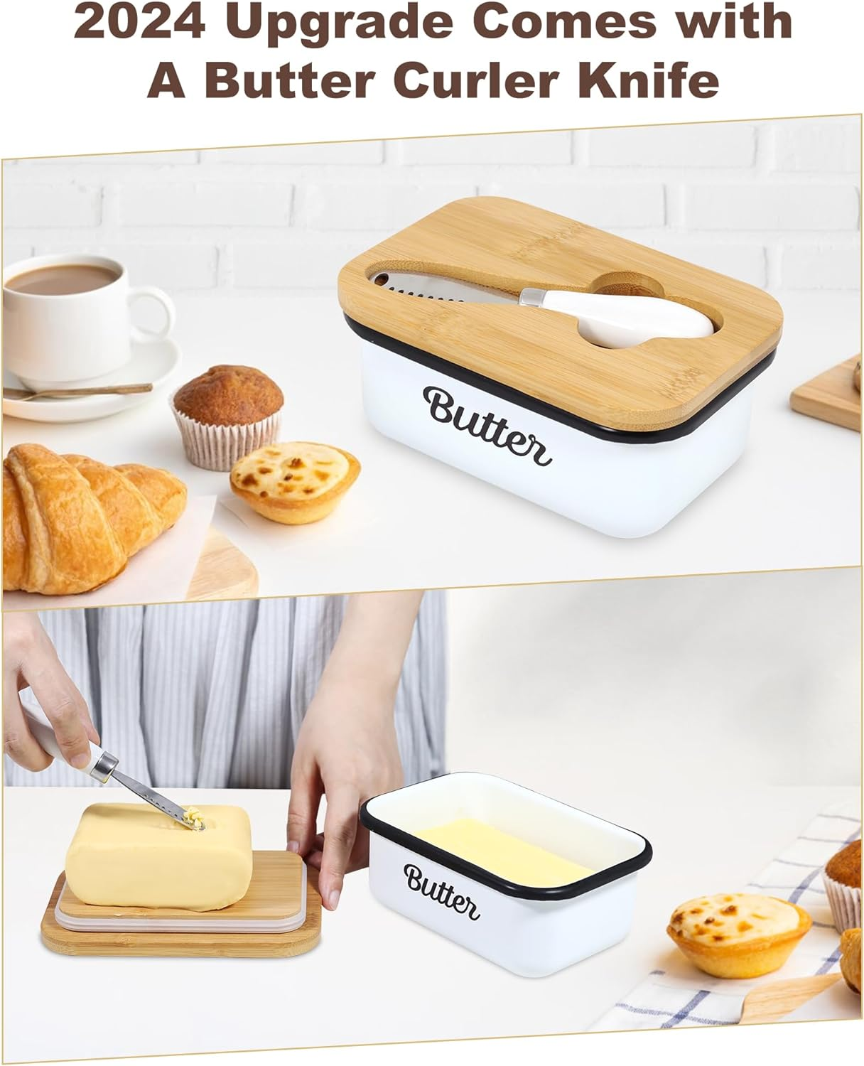 Butter Dish with Lid for Countertop, AISBUGUR Metal Butter Keeper, Includes Stainless Steel Multipurpose Butter Knife, Large Silicone-Enhanced Butter Container, Perfect Kitchen Gift - White image number 4